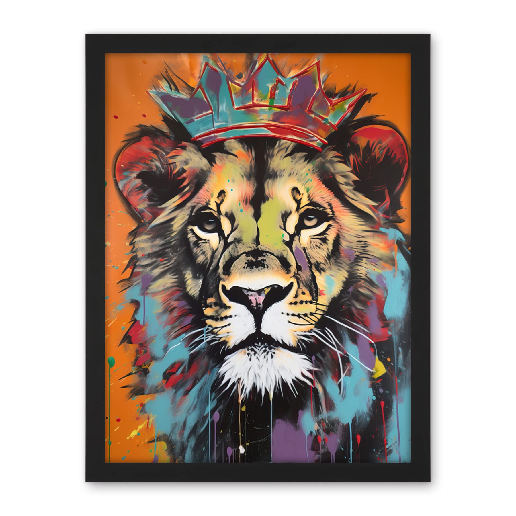 Artery8 Lion Wearing Crown Jungle King Animal Portrait Artwork Framed Wall Art Print 18X24 Inch