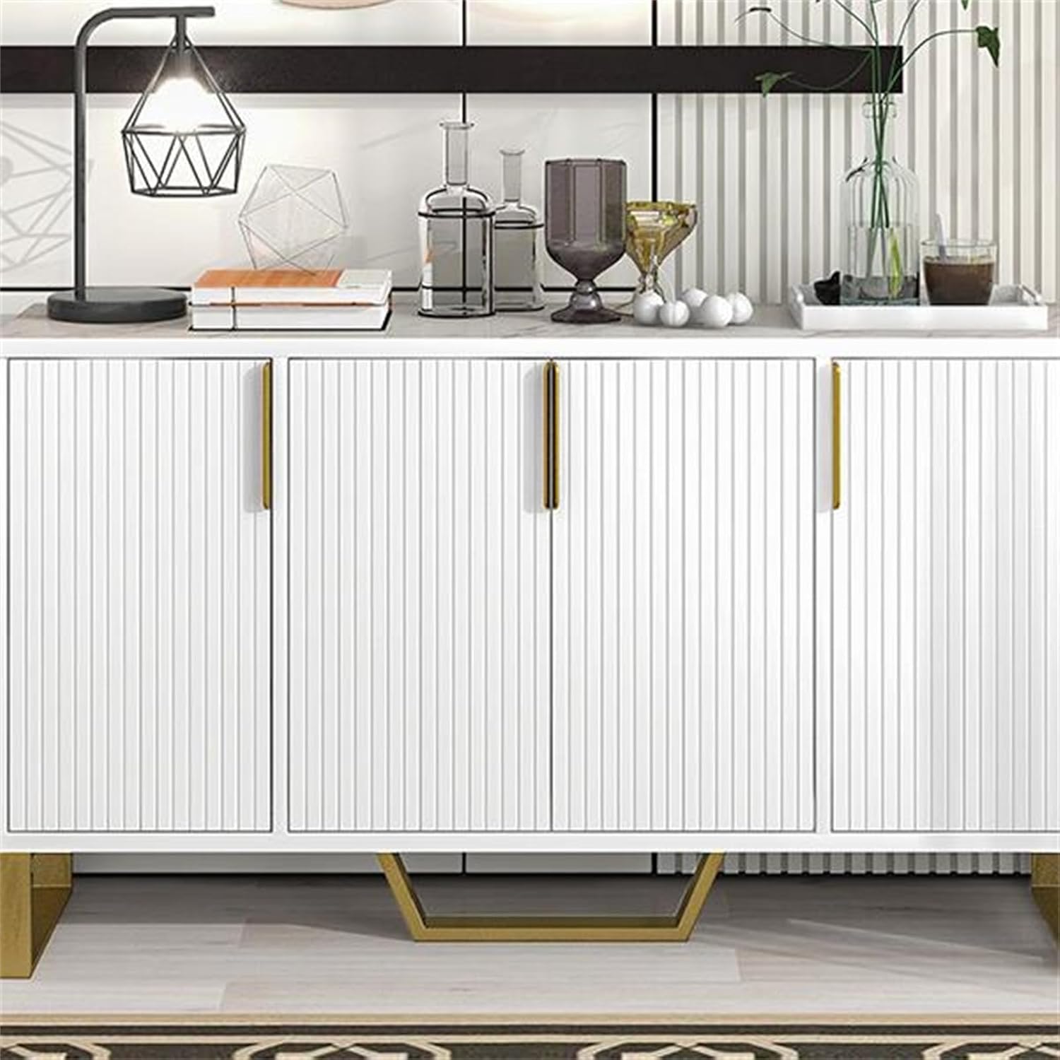 Modern Sideboard, Cabinet, Kitchen Cabinet Kitchen Storage Cabinet with Four Doors, Metal Handles and Legs and Adjustable Shelves Kitchen Cabinet (White)