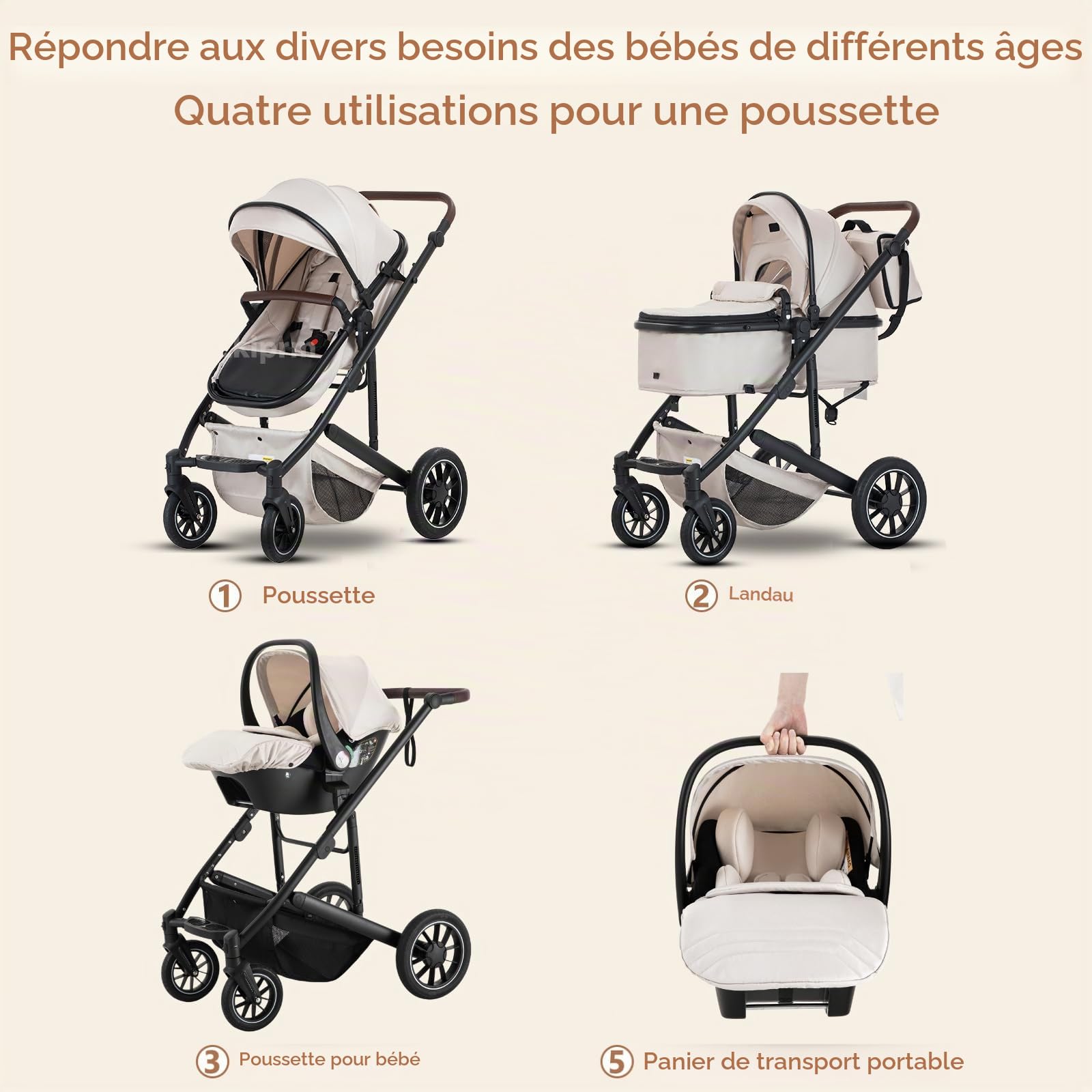 Zkiprm Poussette 3-en-1, Système de Voyage Avec Siège Auto, Landau et nacelle, Accoudoirs Réglables, Habillage pluie,Gant, Moustiquaire, Châssis en aluminium, Landau à profil haut pour 0-4 ans, Gris