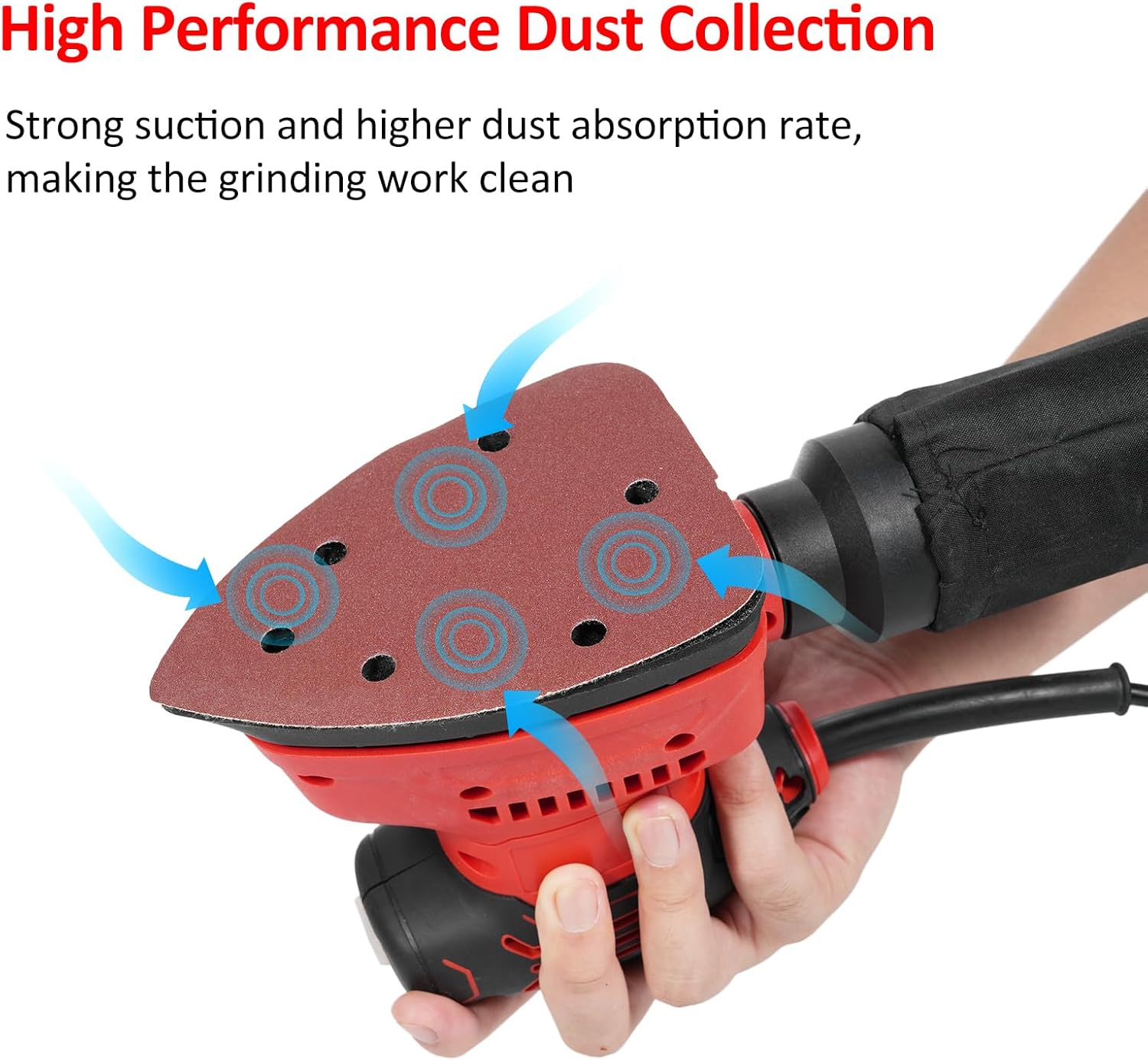 Irfora Detail Sander 130W 1.1A Powerful Motor 12000RPM Electric Sander with 15PCS Sandpapers Dust Bag Sponge Disc Wool Disc Cotton Disc Scouring Pad Soft G Handle Compact Hand Sanders for Woodworking