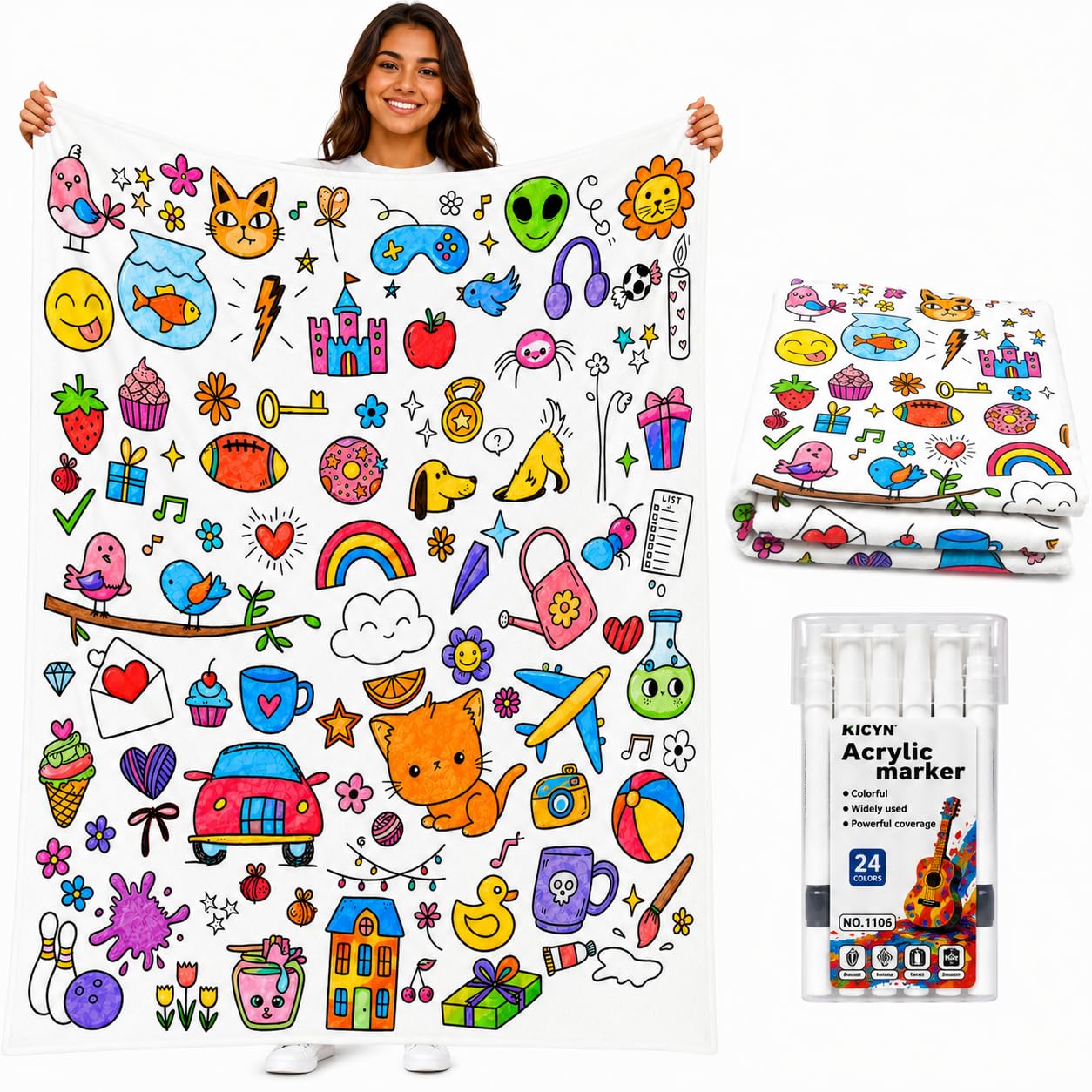 DIY Colouring Blanket with 24 Coloured Markers, Washable Colour-In Blankets for Adults, Sherpa Fleece Colouring Blanket Kit, Soft Fuzzy Velvet Creative Colour-In Throw Blanket (Whimsical Dreams)