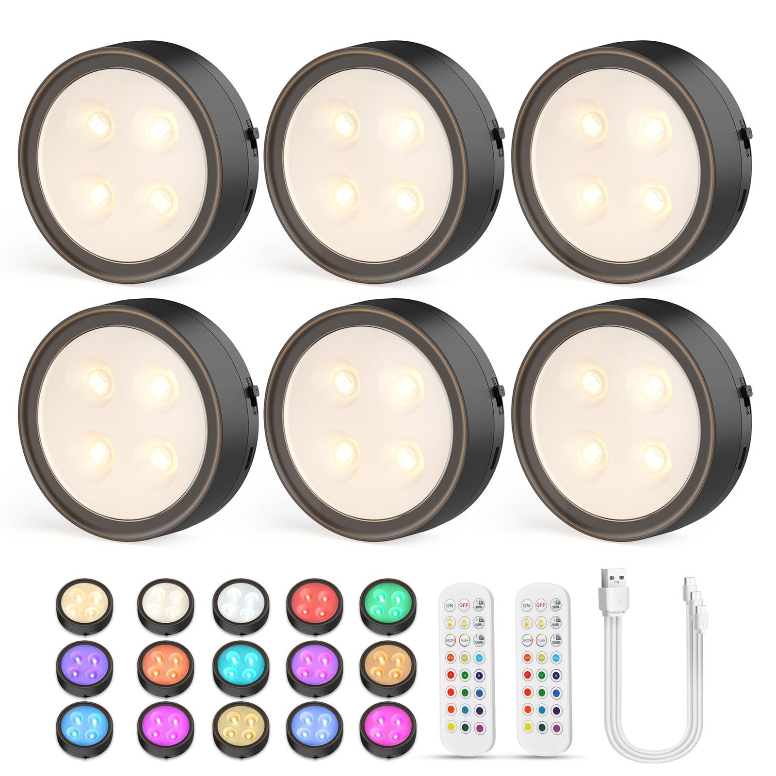 Onumii USB Aufladbar LED Unterbauleuchte Akku Schrankbeleuchtung mit Fernbedienung Magnetisch Kabellos Vitrinenbeleuchtung Dimmbar für Schrank, Kleiderschrank, Küche, Schlafzimmer (6er Pack Schwarz)