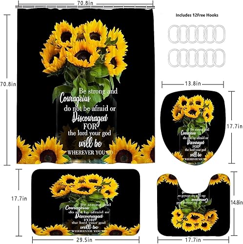 Miniatura 4 de AZHM Juego de 4 cortinas de ducha con alfombras de girasol, decoración de baño, citas inspiradoras, cortinas de baño con alfombras y accesorios