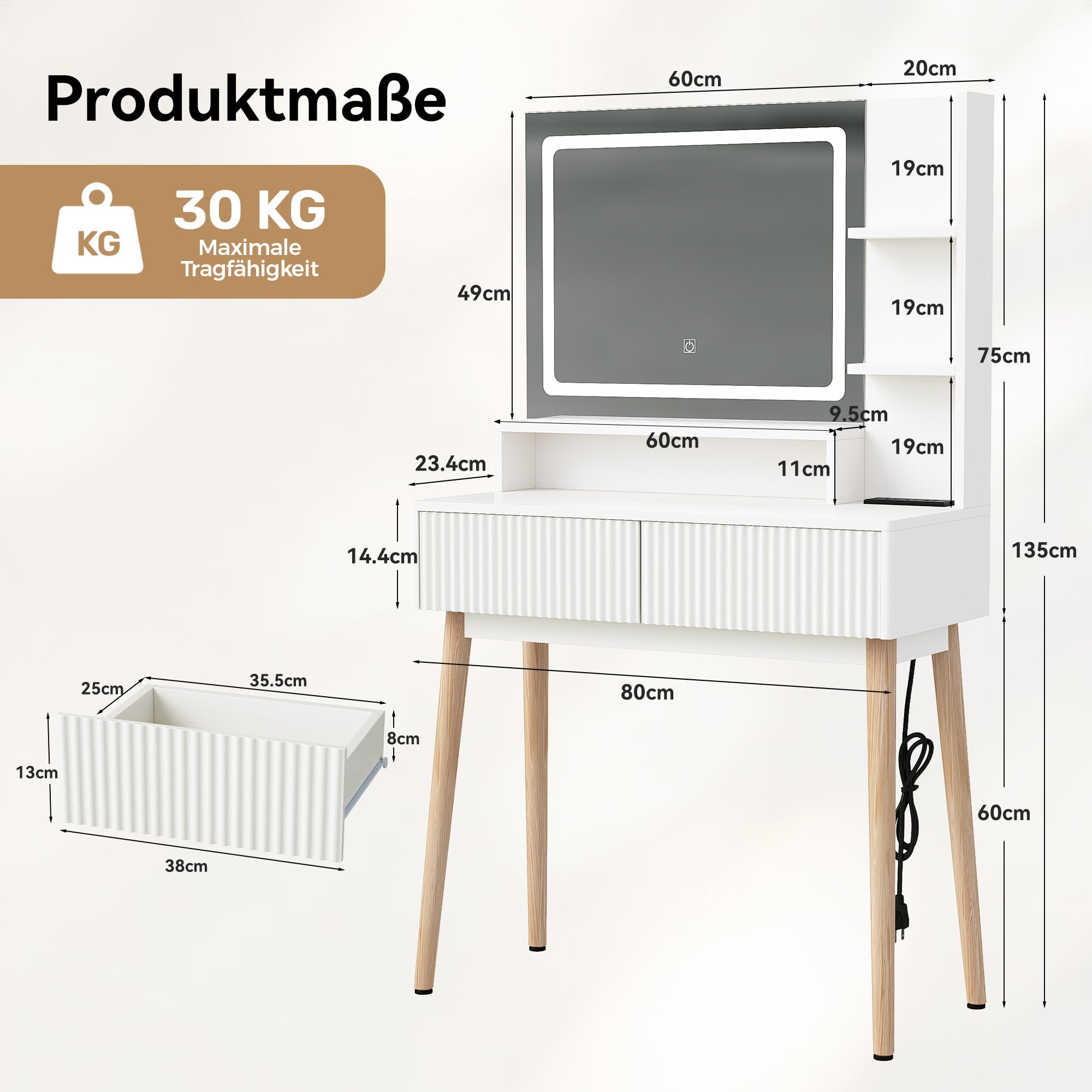 Hawthyhome Weiß Schminktisch mit Beleuchtun und Ladestation, Moderner Frisiertisch mit 2 Riffel-Schubladen und Ablagen, 3 Lichtmodi, Kosmetiktisch mit Massivholzbeinen für Schlafzimmer