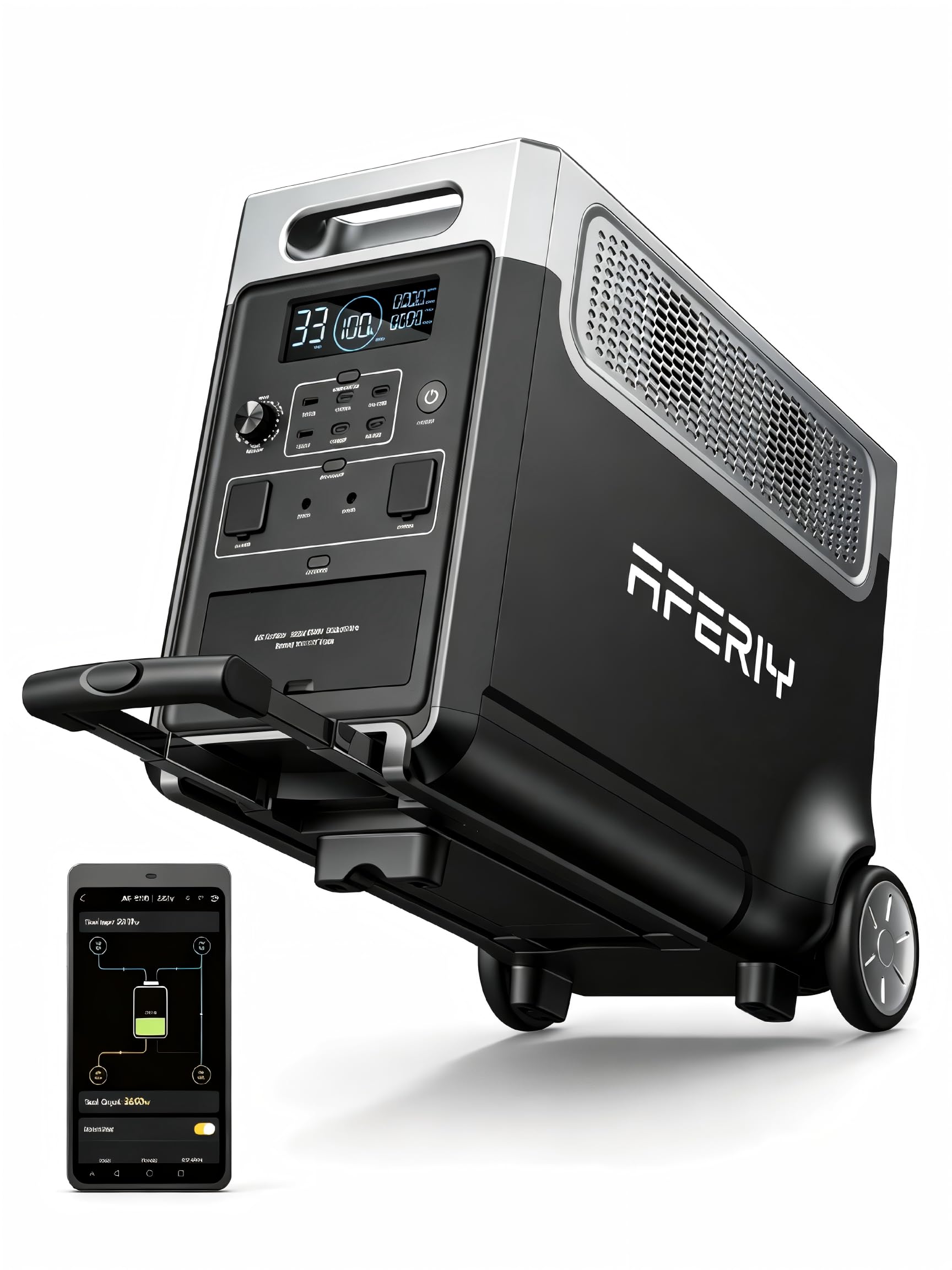 AFERIY 3600W3840Wh Tragbare Powerstation, Erweiterbar~11520Wh, mit Rädern | Solargenerator 1,5Std Schnellladung, <10ms USV, 13 Ausgänge, mit APP, BMS, Reine SW 230V,für Notfall Garten Wohnmobil Camping