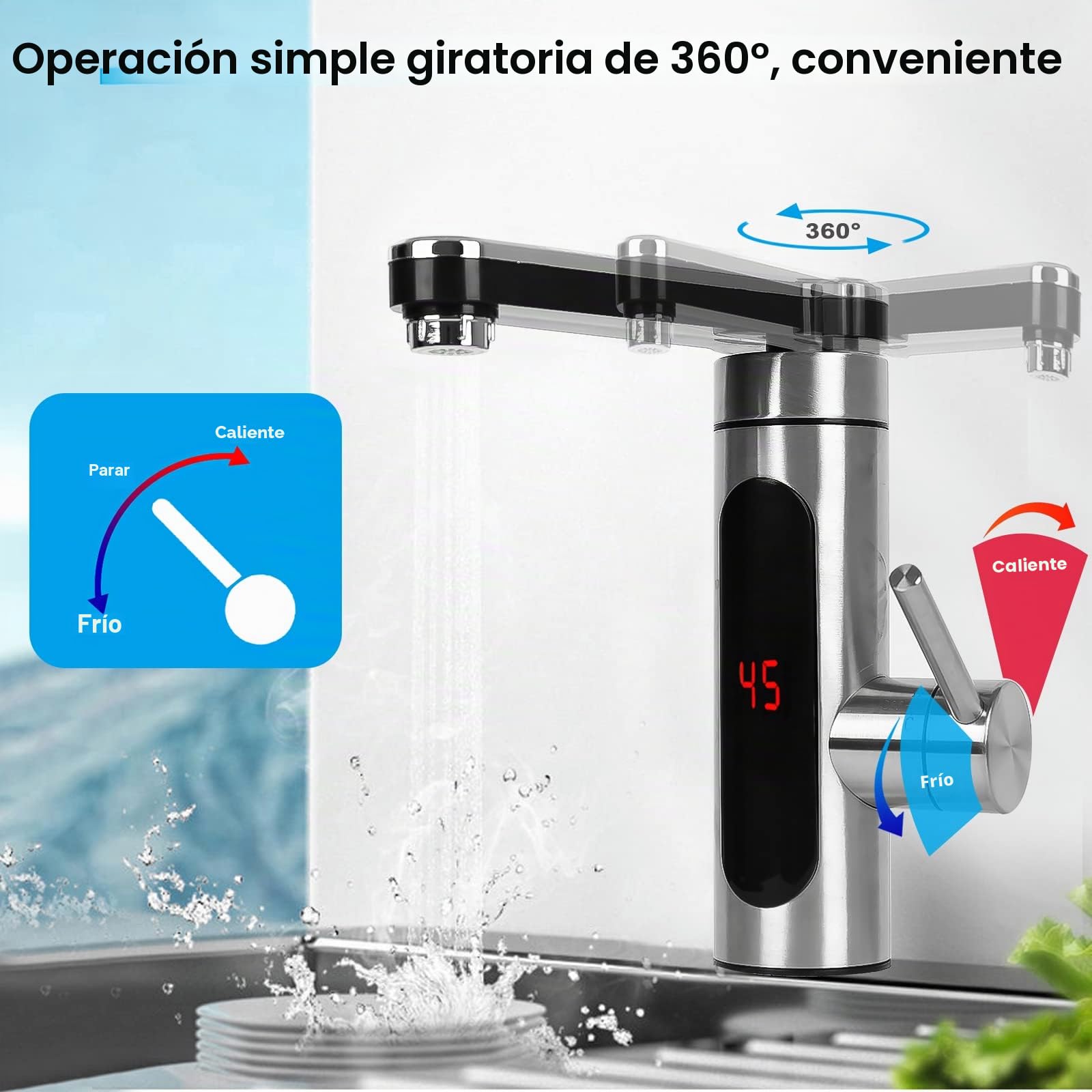Grifo eléctrico con calentador de agua instantáneo (230 V, pantalla LCD, rotación de 360°, con calentador de agua instantáneo para cocina)