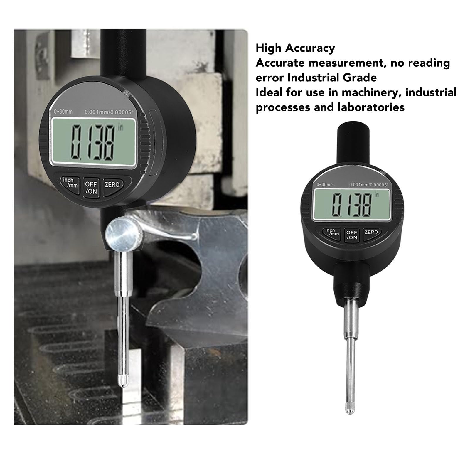 Indicador de cuadrante digital, herramienta de medición, resolución de 0,001 mm, rango de 0 a 30 mm, sonda de aleación de aluminio con pantalla digital, para mecánico industrial y