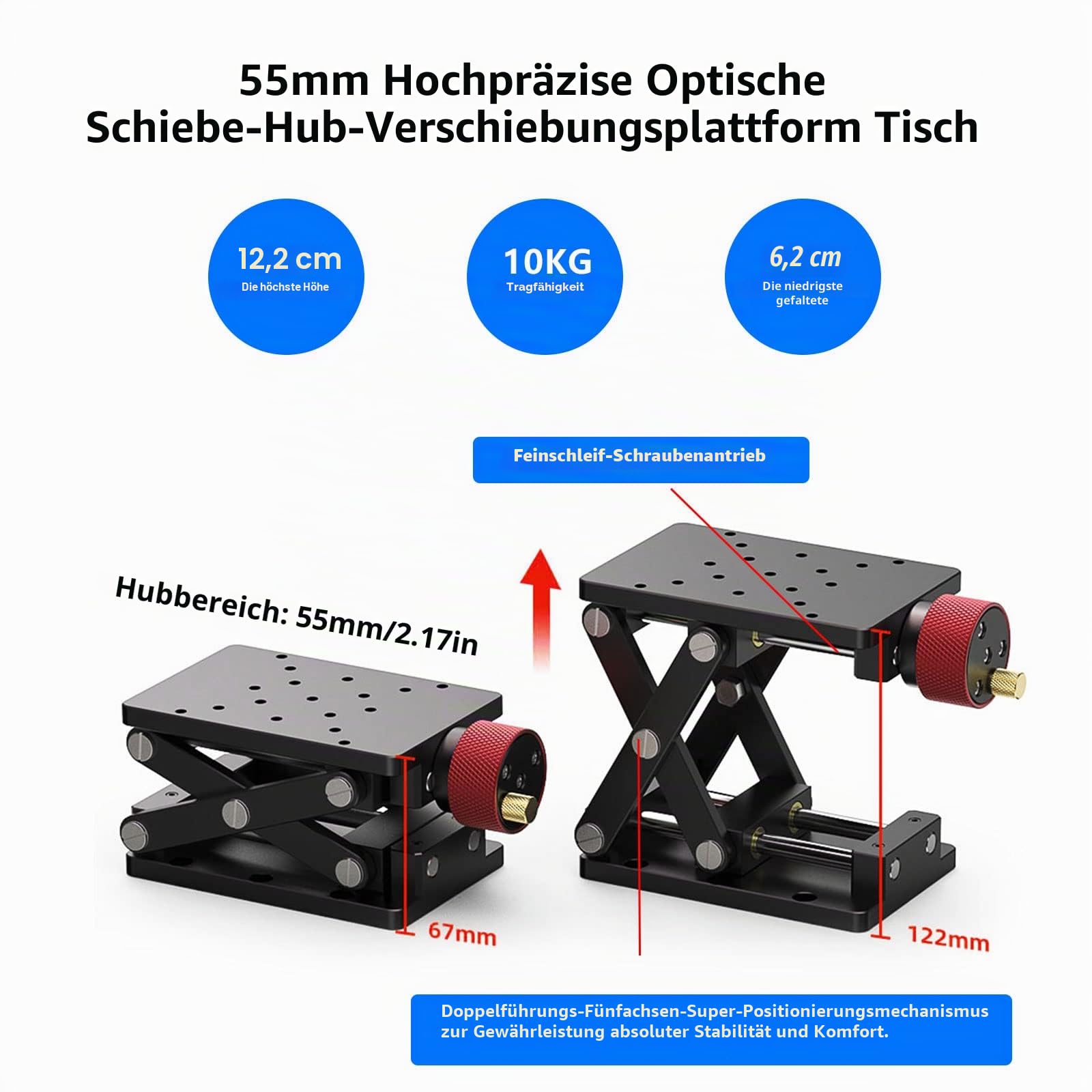 Manuelle Hebebühne, Aluminiumlegierung Präzise Z-Achsen-Hebebühne 55mm Hochpräzise Optische Schiebe-Hebebühne Labor-Hebebühne Manuelle Steuerung Labor-Wagenheber Aufzug Verschiebungsplattform