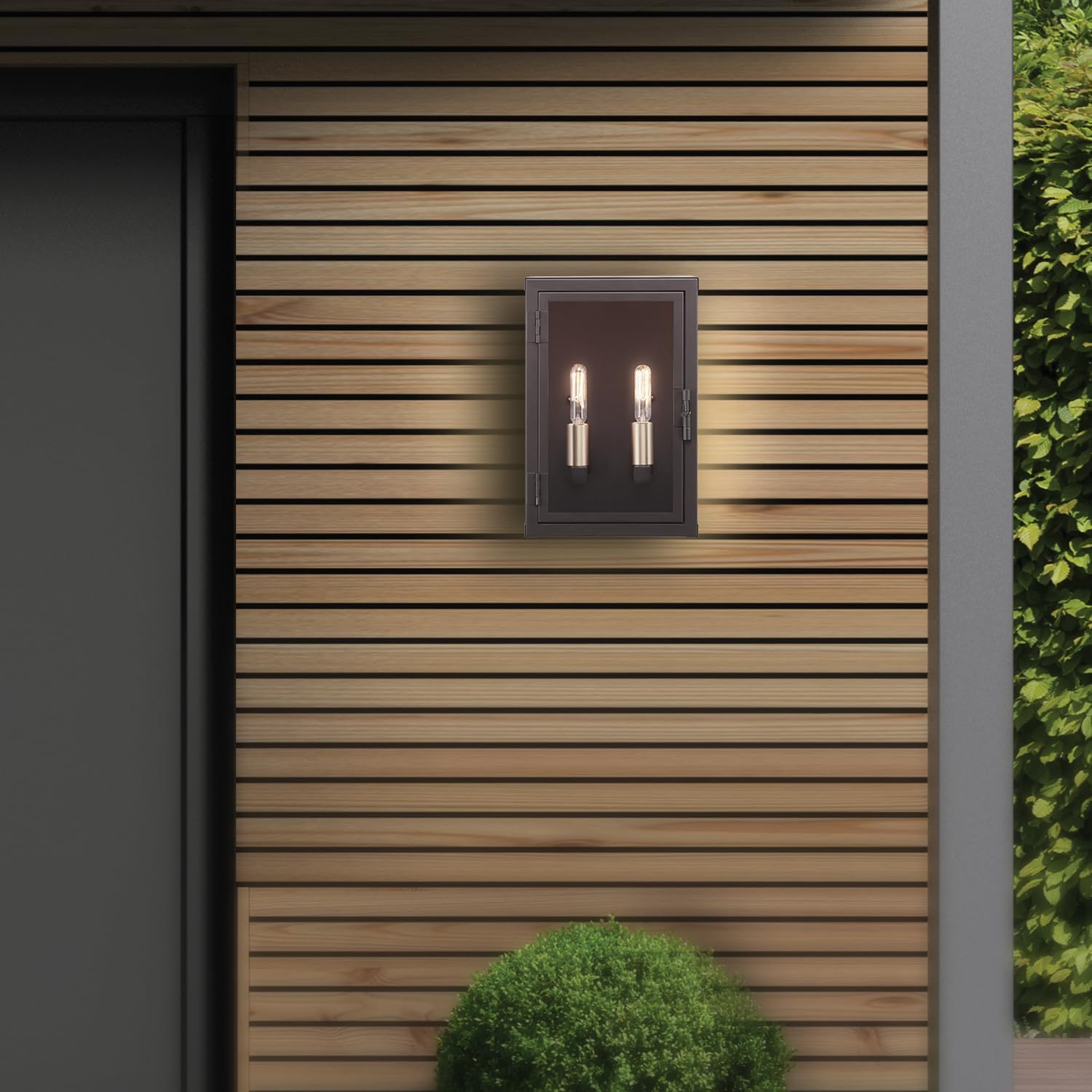 Globe Electric 60000131 2-Light Outdoor Wall Sconce, Dark Bronze, Matte Brass Accents, Weatherproof Glass Door Closure