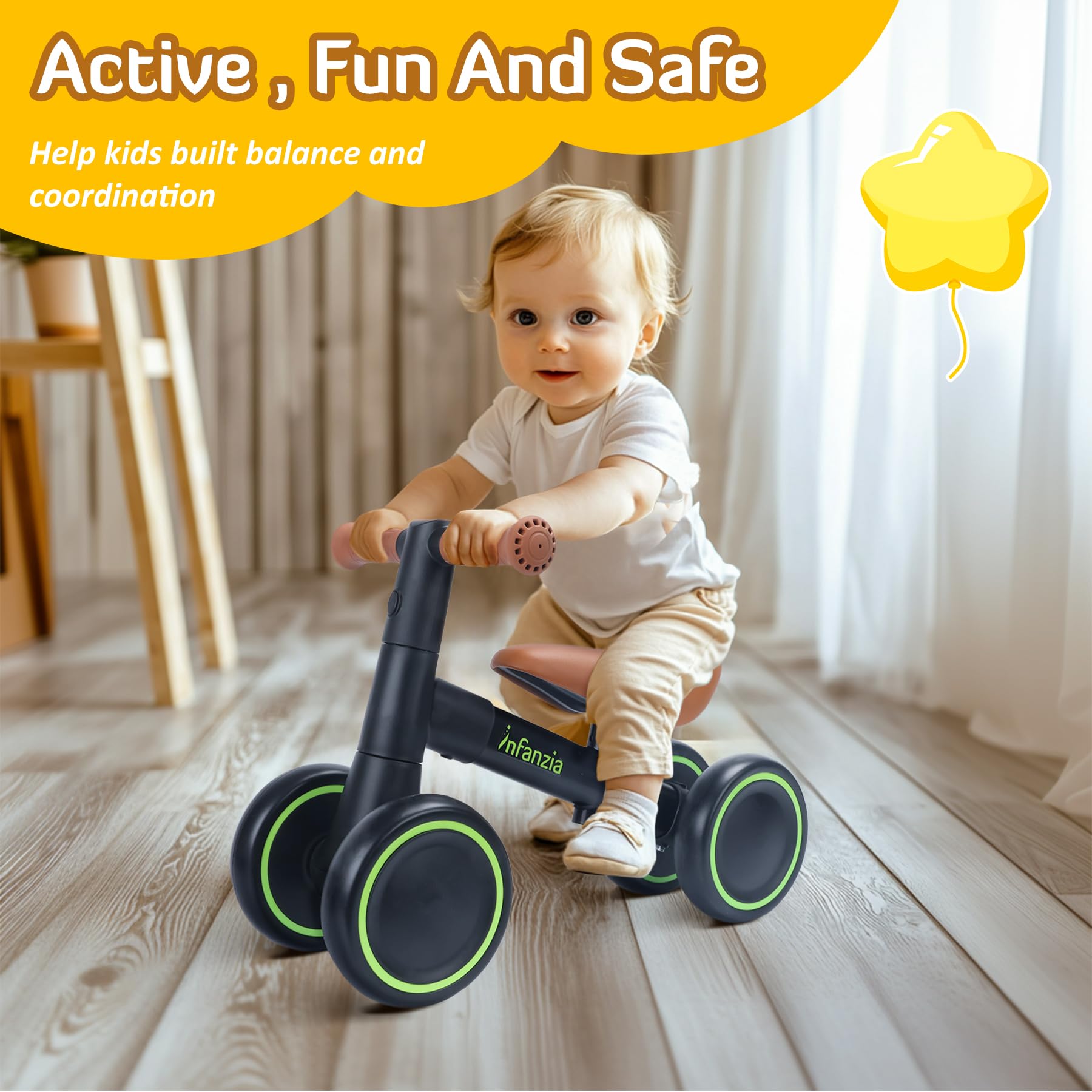 INFANZIA Baby Balance Bike for 12-36 Month Boys Girls, 1 Year Old Toddler First Bike No Pedal with Adjustable Seat, Infant 4 Wheels Bicycle Ride On Toys Kids First Birthday Gifts (Black)