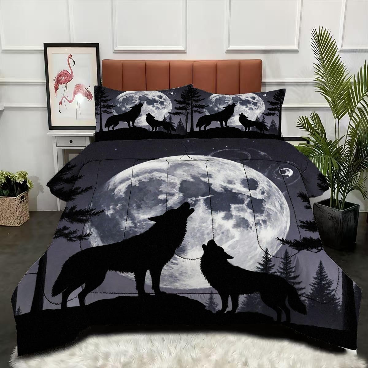Couette 220x240 loup réversible moderne parure de lit 2 personnes sans housse