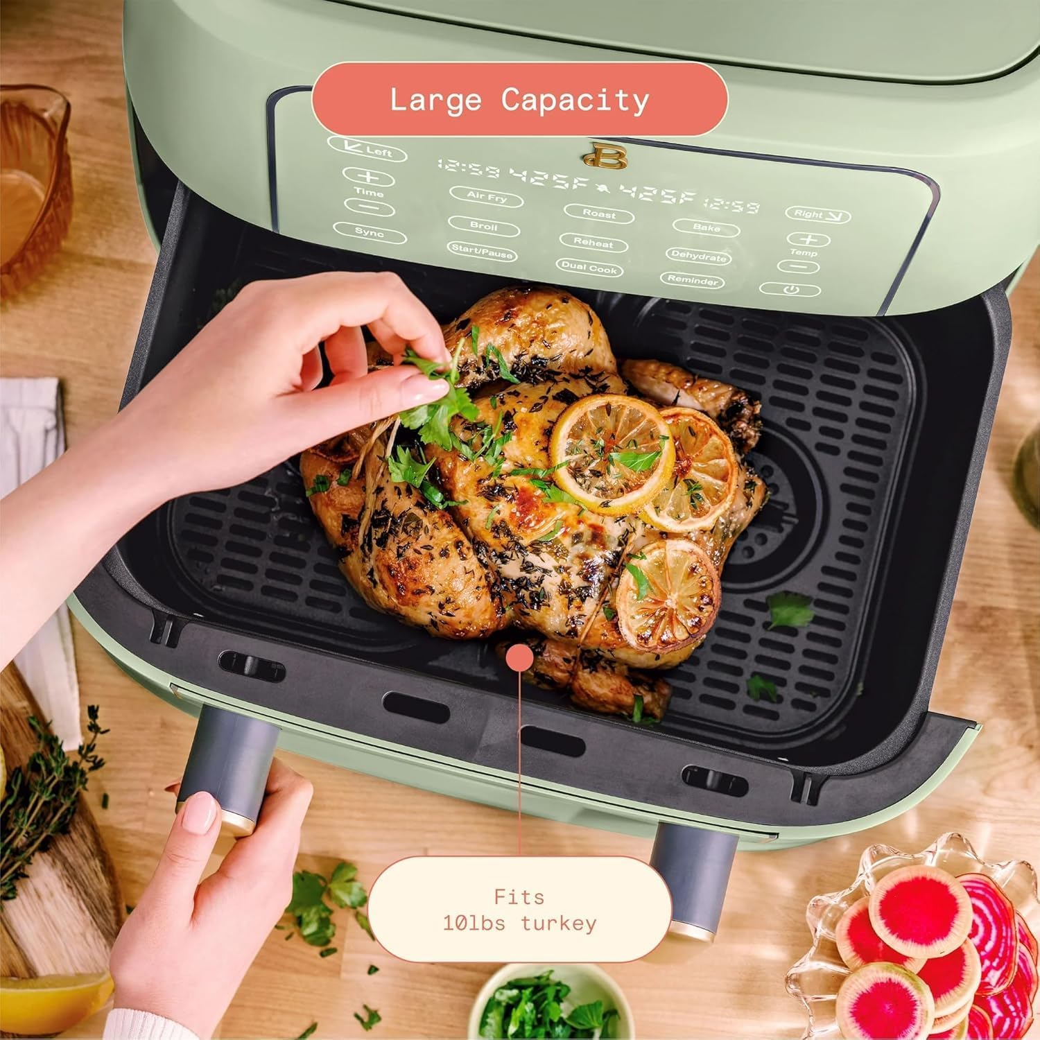 Trizone 9-Quart Dual Zone Air Fryer Exclusive with Divider & Crisper Trays, Digital Touchscreen for 2-in-1 Cooking By Drew Barrymoree (Sage Green)