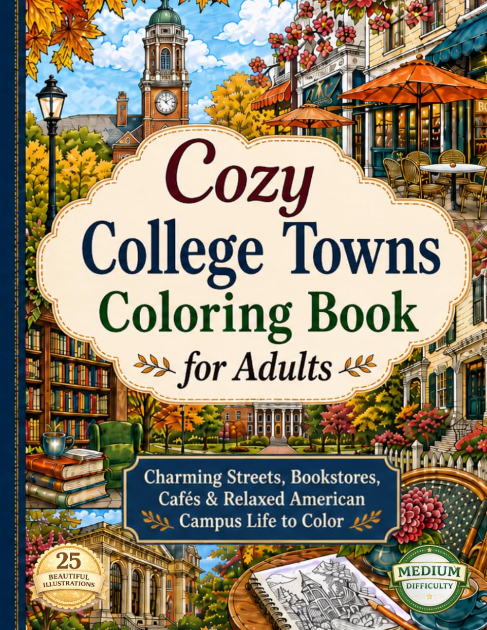 COZY COLLEGE TOWNS COLORING BOOK FOR ADULTS: Charming Streets, Bookstores, Cafés & Relaxed American Campus Life to Color