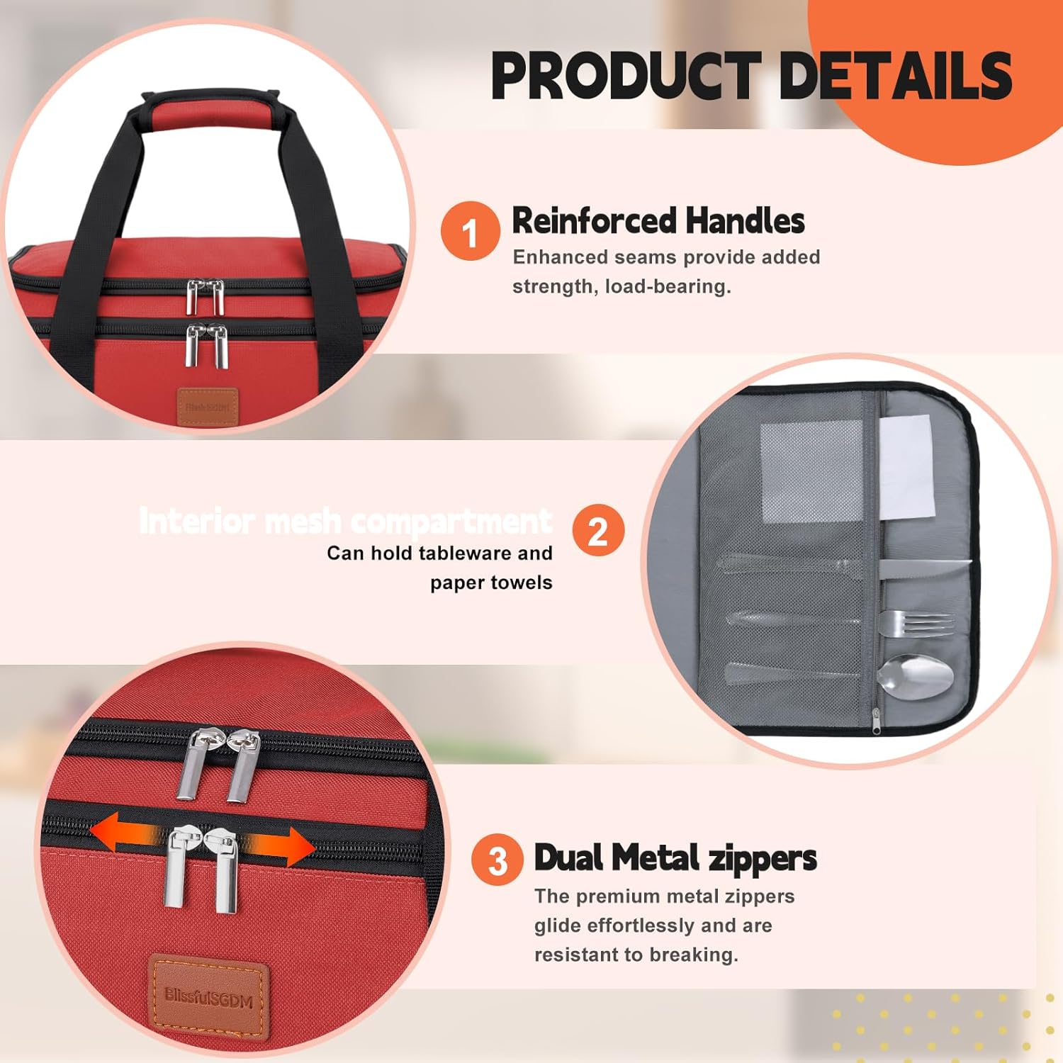 Insulated Casserole Carrier, Double Decker Food Carriers for Hot or Cold Food,Portable Leakproof Thermal Bag for Travel/Potluck Parties/Picnic/Cookouts (Red) - Image 5