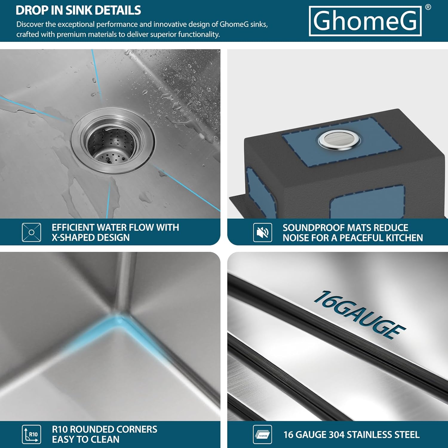 Drop in Kitchen Sink Workstation 33x19 Inch 16 Gauge Stainless Steel Handmade Topmount Kitchen Sink Single Bowl with Glass Rinser - 8 Inches Deep
