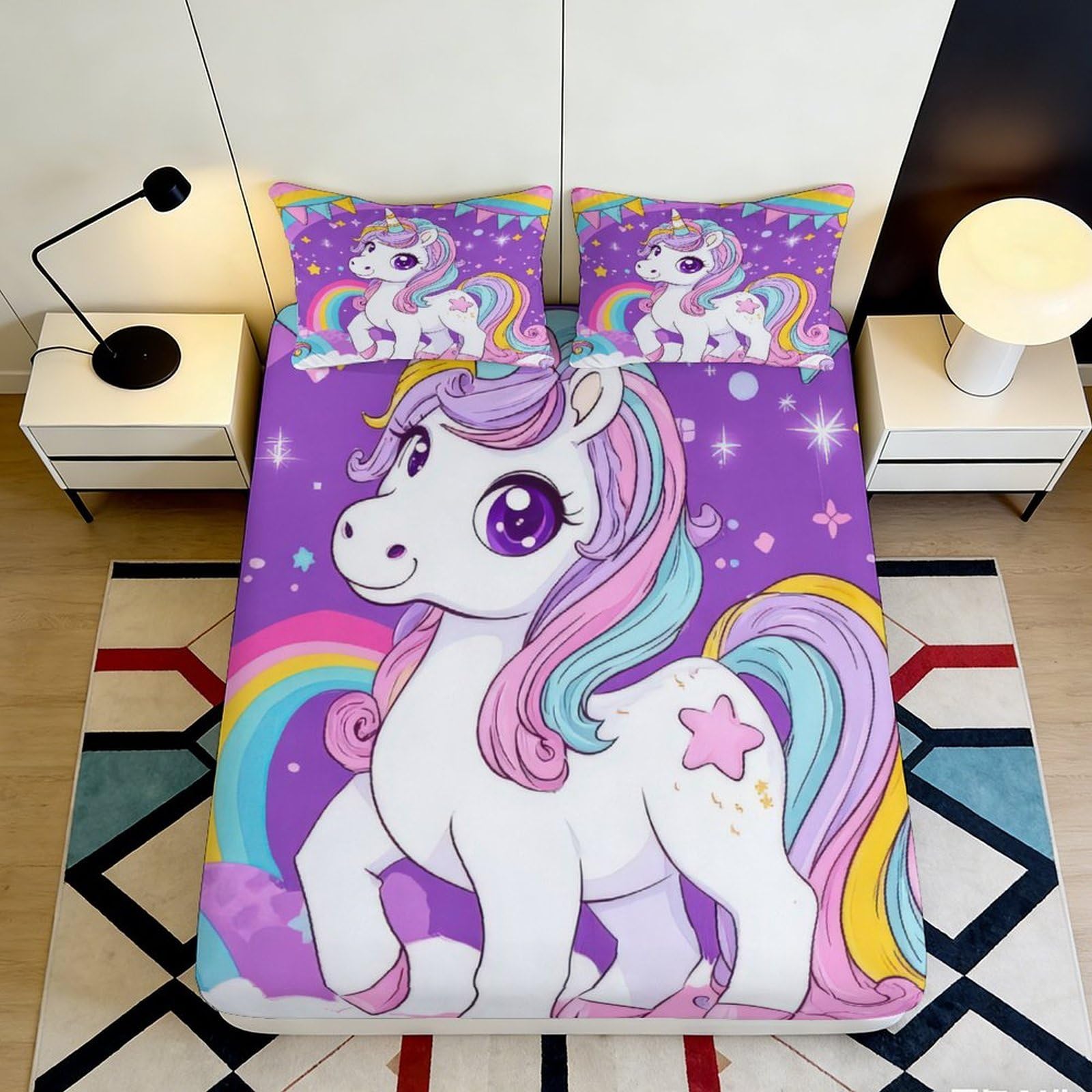 3D Printed Unicorn Purple Fitted Sheet Microfiber Soft Breathable Rainbow Bed Cover for Bedroom Dormitory Guest Room Mattress Protection Decor 140x200x25cm