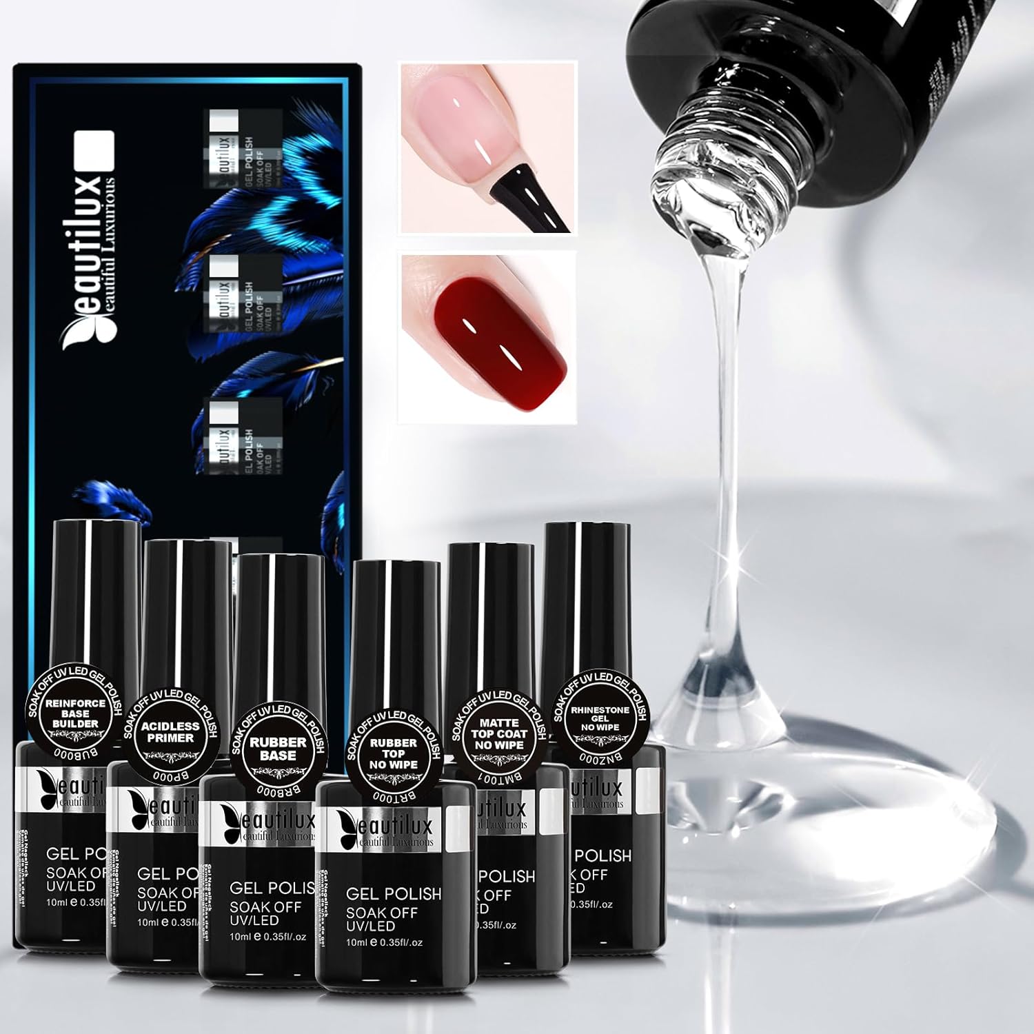 Beautilux Base et Top Coat Gel Uv Semi Permanent, 6 * 10 ML PrimerRuber BaseRubber TopMatte