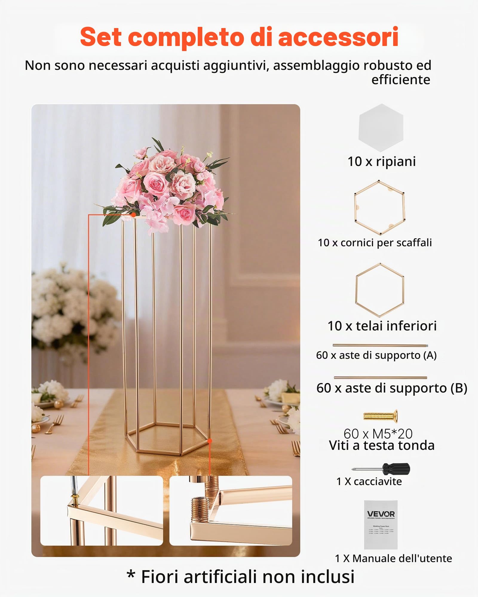 VEVOR Portafiori da Matrimonio 10 Pezzi da 80 cm, Cubico Esagonale con Laminato Acrilico, Espositore Floreale Cubico Cilindrico per Matrimoni, Feste, Compleanni, Casa, Centrotavola Oro Francese