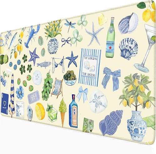 Cute Pastel Coastal Desk Mat with Vibrant Sea Life Beige