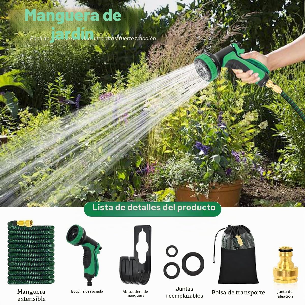 Manguera de jardín flexible de 30 m/100 pies verde, con pistola pulverizadora y conexiones de latón de 3/4" y 1/2", manguera de agua extensible y flexible con 10 funciones, 3x extensible, sin dobleces