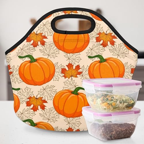 Miniatura 6 de Bolsa de almuerzo de neopreno con diseño de calabaza y hojas de arce de otoño, para Acción de Gracias, suave, lavable, reutilizable, aislada,
