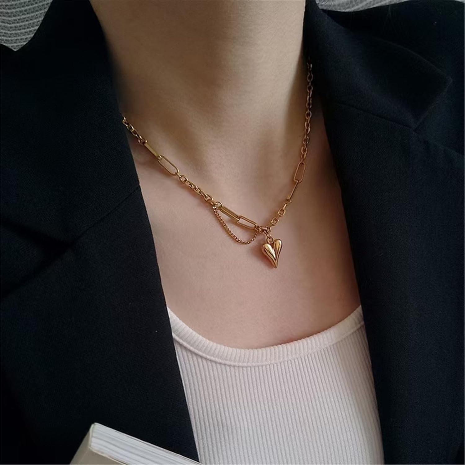 14k Gold Heart Necklaces for Women, Dainty Puffy Heart Stainless Steel Silver Choker Necklaces for Women, Uncommon James Paperclip Heart Necklace Aesthetic Jewelry - Image 4