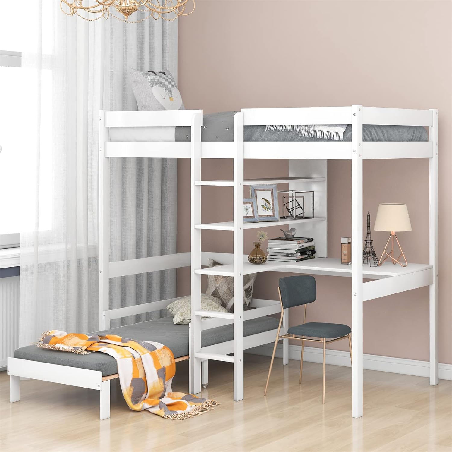 Loft Bed with Desk, Twin Bunk Bed with Desk and Shelves Convertible Wood Loft Bed Frame with Storage for Kids Teens Girls Boys White Loft Bed with Free Seat Cushion