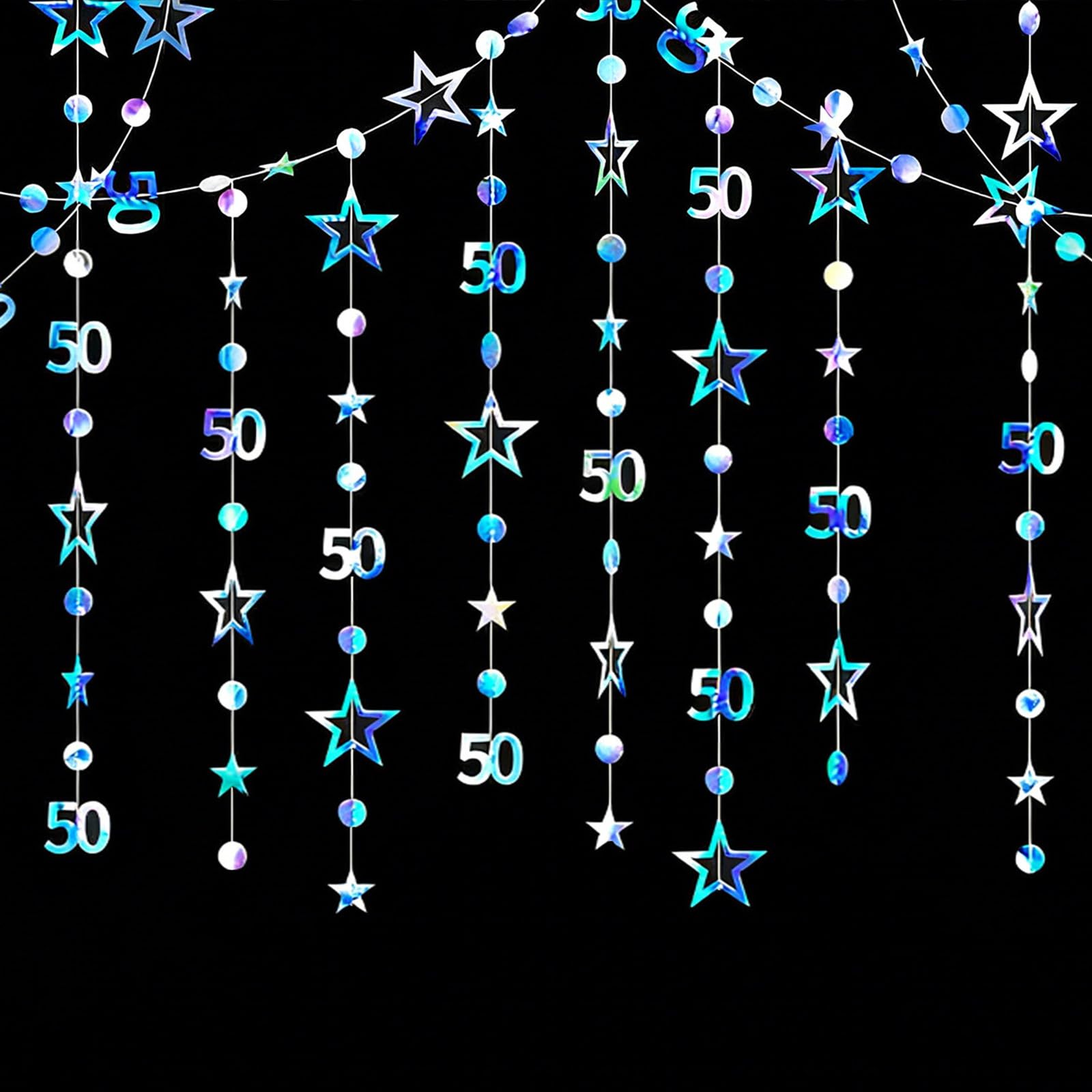 GAKA FAVOR Iridescent 50th Birthday Decorations for Her and Him Number 50 Circle dots Star Garland Banner Streamer for 50th Birthday and Anniversary Decor(40ft)