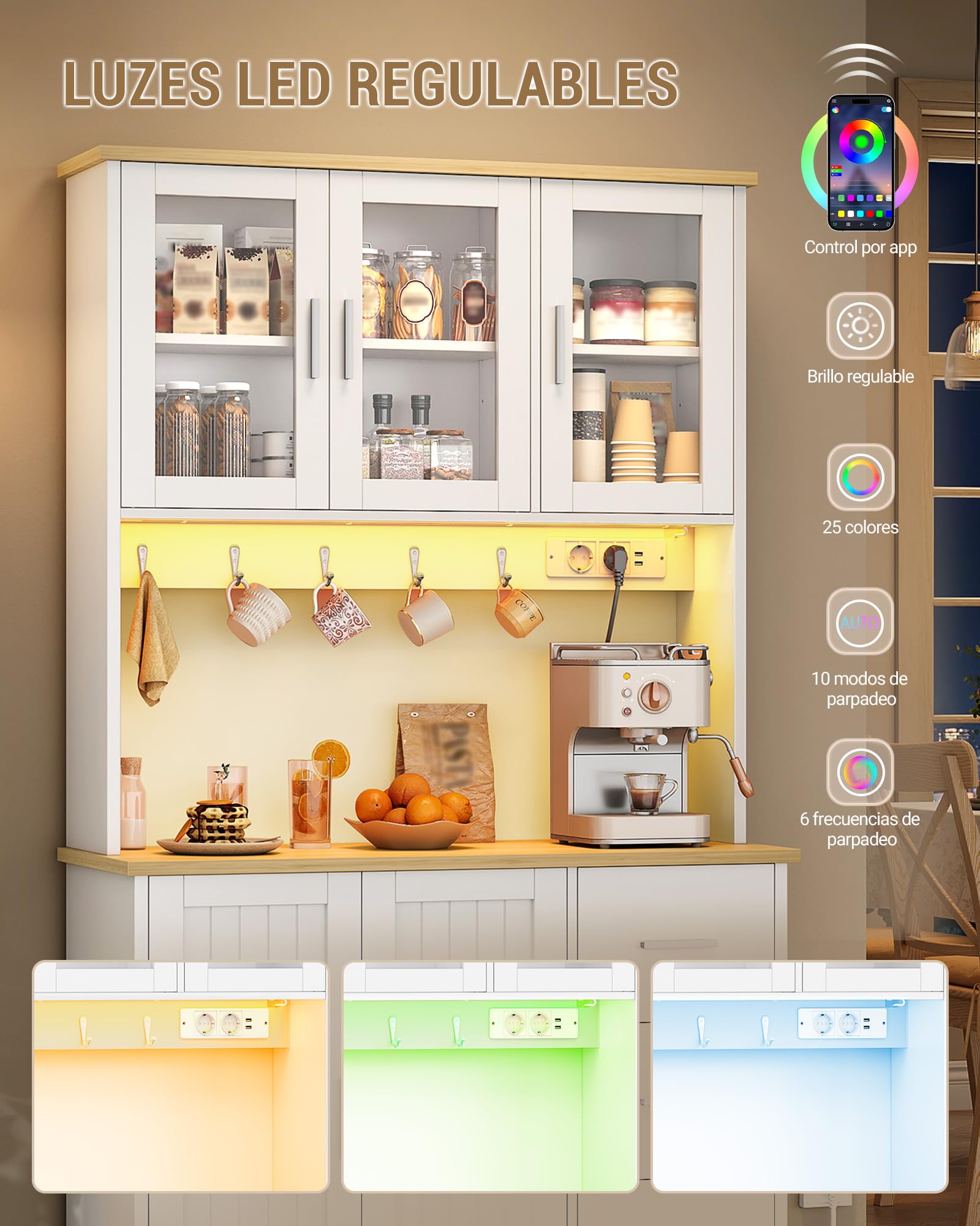 Hzuaneri Armario Cocina Alto, con Toma y Tira LED, 40 x 100 x 180 cm | Estante 6 Niveles Tras Puerta, 5 Puertas y 3 Cajones, Para Cocina o Salón, Blanco-Roble PT10303XEU