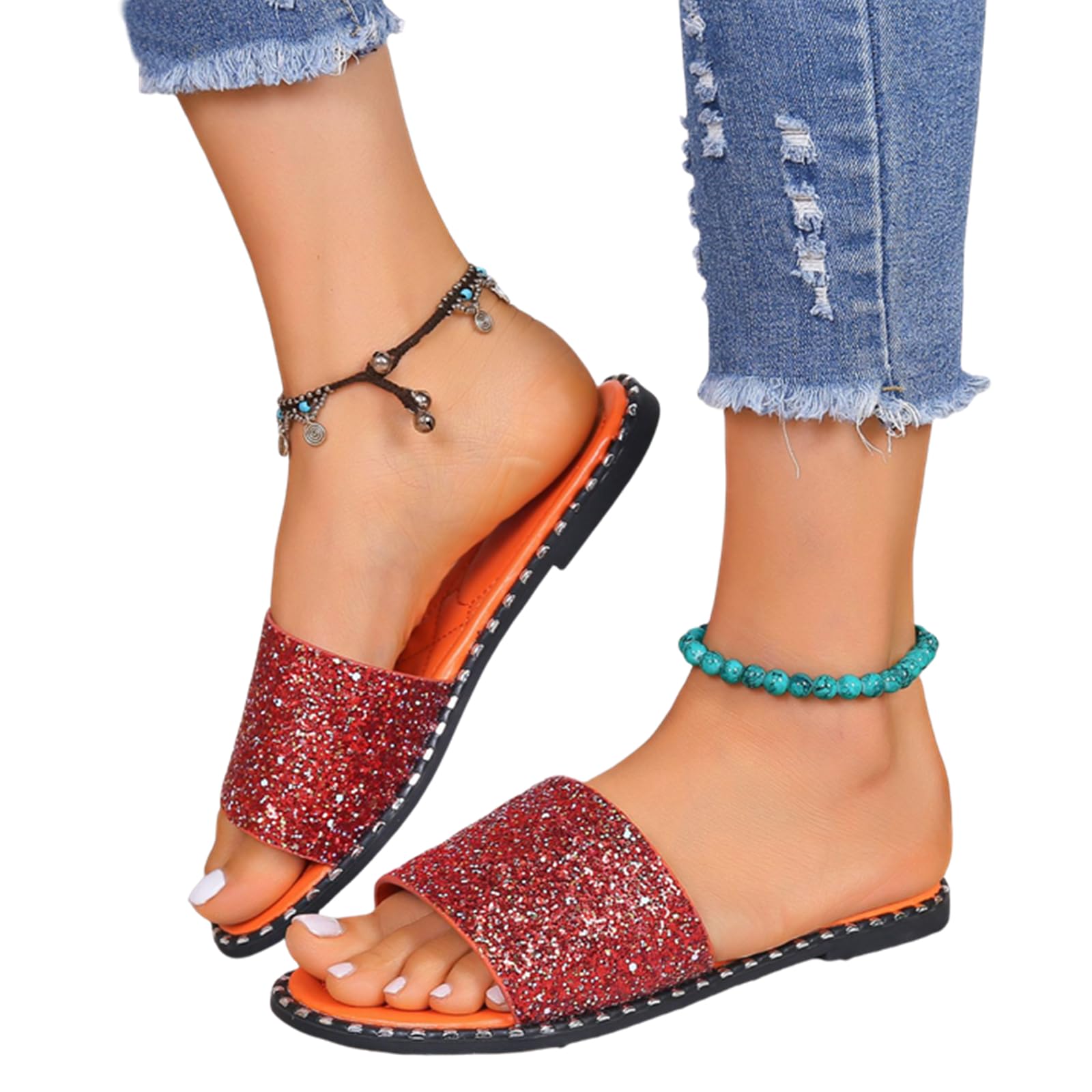 Women's Open Toe Flat Sandals Sparkle Rhinestone Glitter Shiny Casual Fashion Slippers Quick Drying Indoor & Outdoor Slides