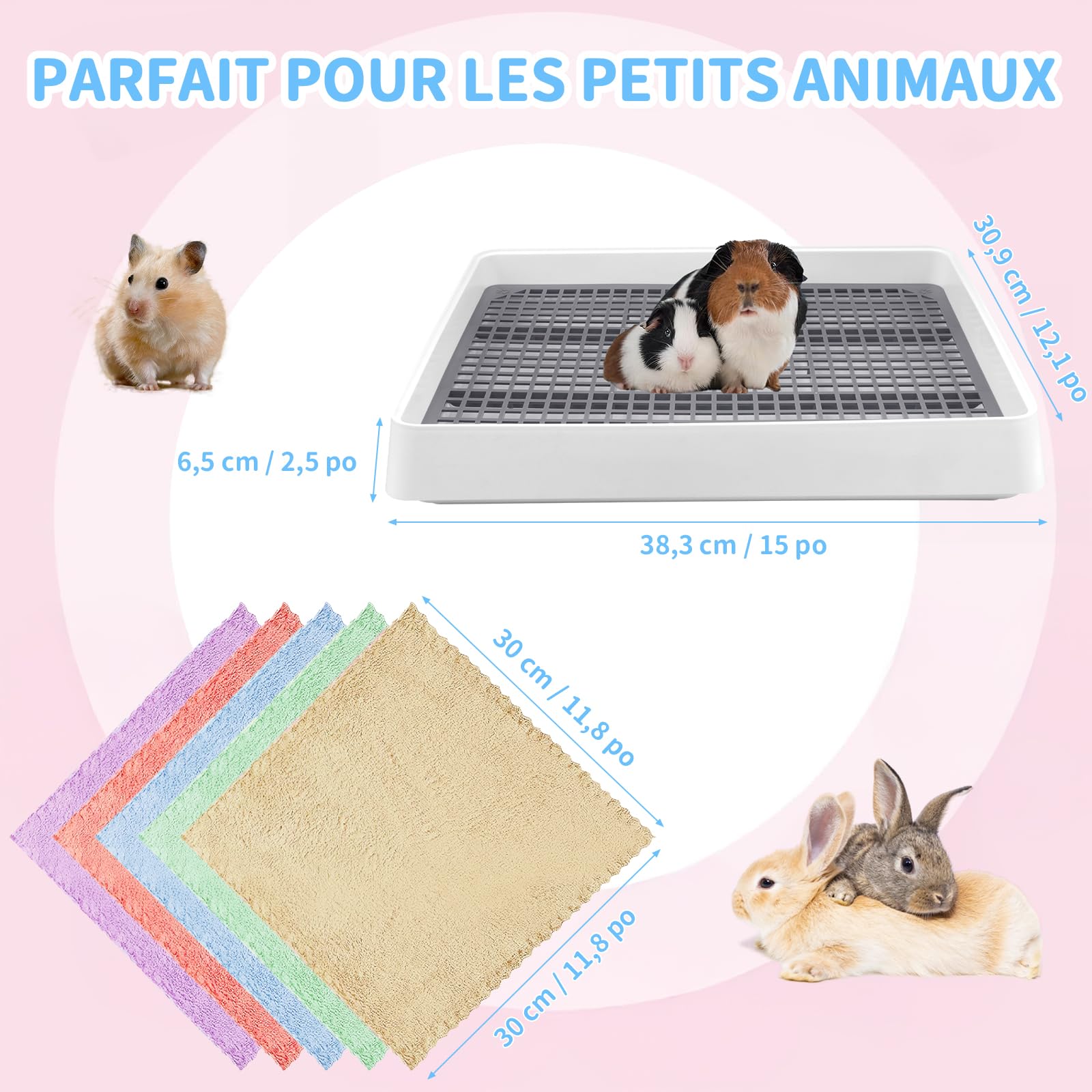 Lot de 2 Grands Bacs à Litière avec Grille, 38,3 x 30,9 x 6,5 cm | Avec 20 Couvertures Douces, Toilettes Faciles à Nettoyer pour Lapins, Cochons d'Inde, Chatons et Petits Animaux
