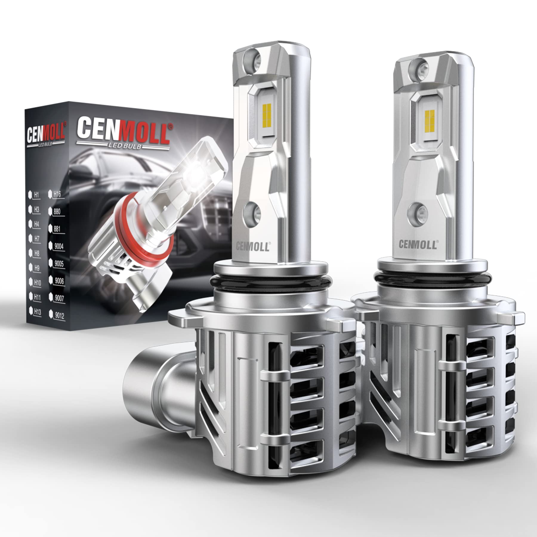 Cenmoll HB4 Led Bulb, 90W 18000LM 500% Brightness 360 Degree Illumination 9006 HB4 Headlight Bulb Canbus Error Free 6500K Cool White Mini Size All-in-one Wireless Design, Pack of 2