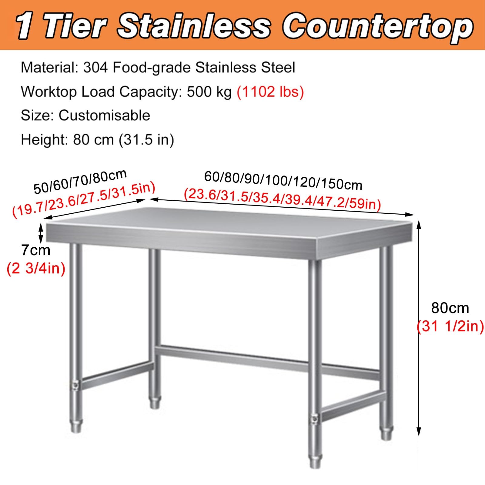Mesa de trabajo de acero inoxidable, banco de preparación de cocina, 7 cm de grosor, ideal para taller, lavandería, garaje y catering