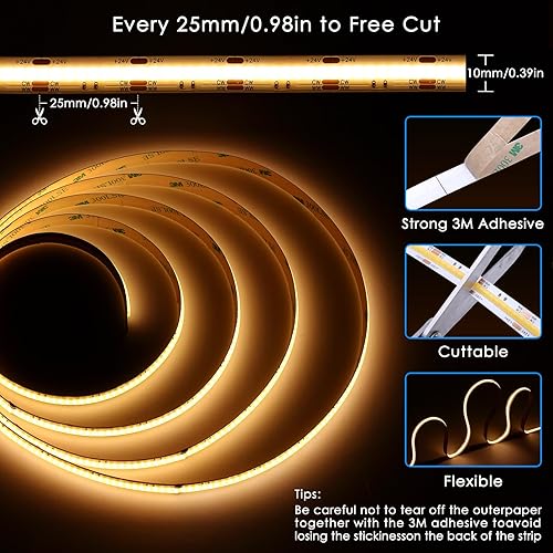 Miniatura 5 de CCT COB Smart LED Strip  32.8 pies32.8 ft sintonizable blanco 2700K-6500K 24V tira de luz regulable con control remoto 6400LEDs CRI90+ compatible