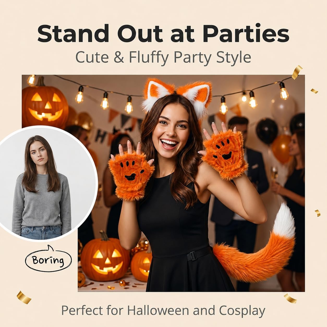Faux Fur Cat Wolf Fox Ears Headband Tail and Paw Gloves Set Cosplay Halloween Costume Accessories