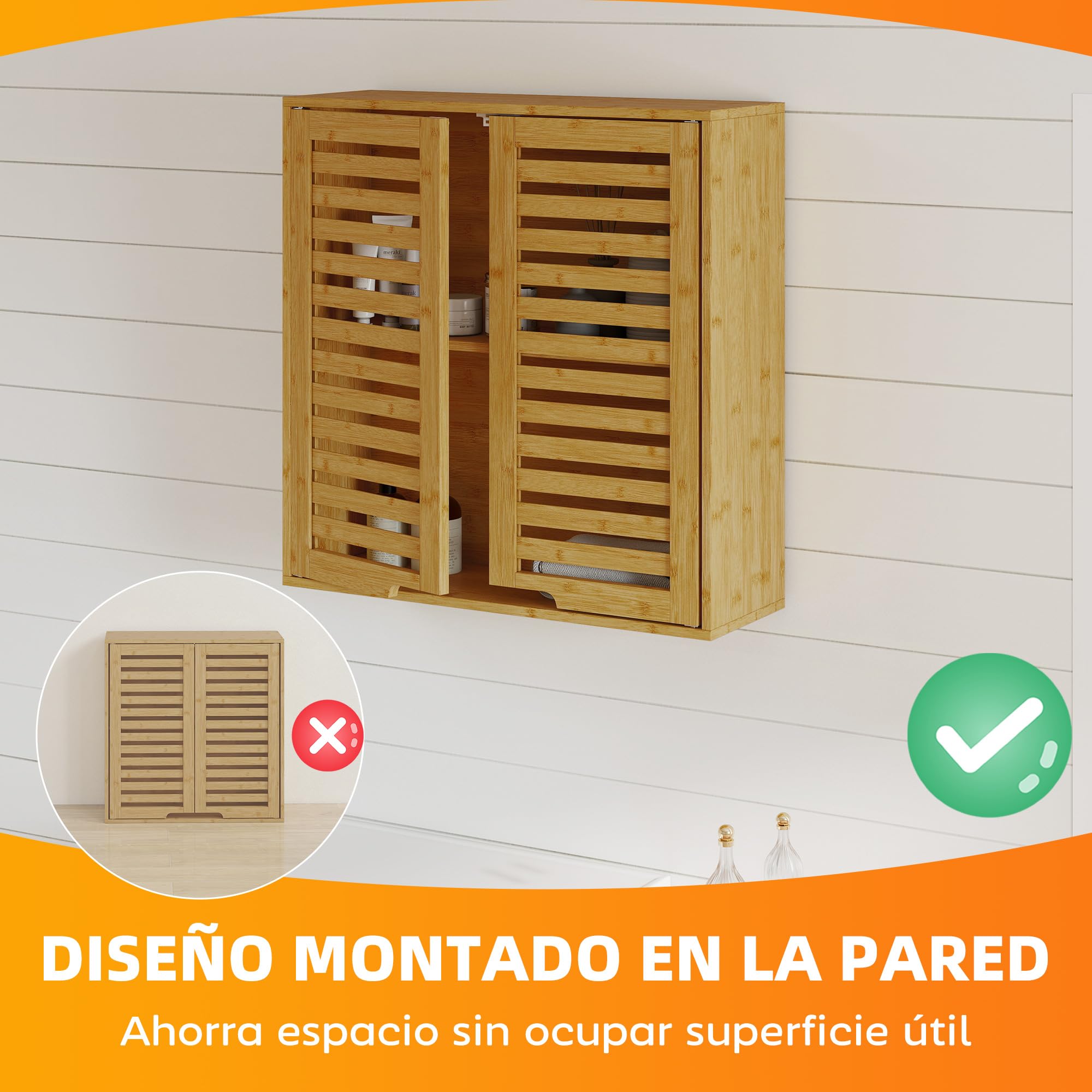 HOMCOM Armario de Baño de Pared de Bambú con Estante Regulable Natural | Puertas de Lamas, Mueble de Baño Colgante, Armario de Almacenamiento sobre el Inodoro, para Cocina y Lavadero