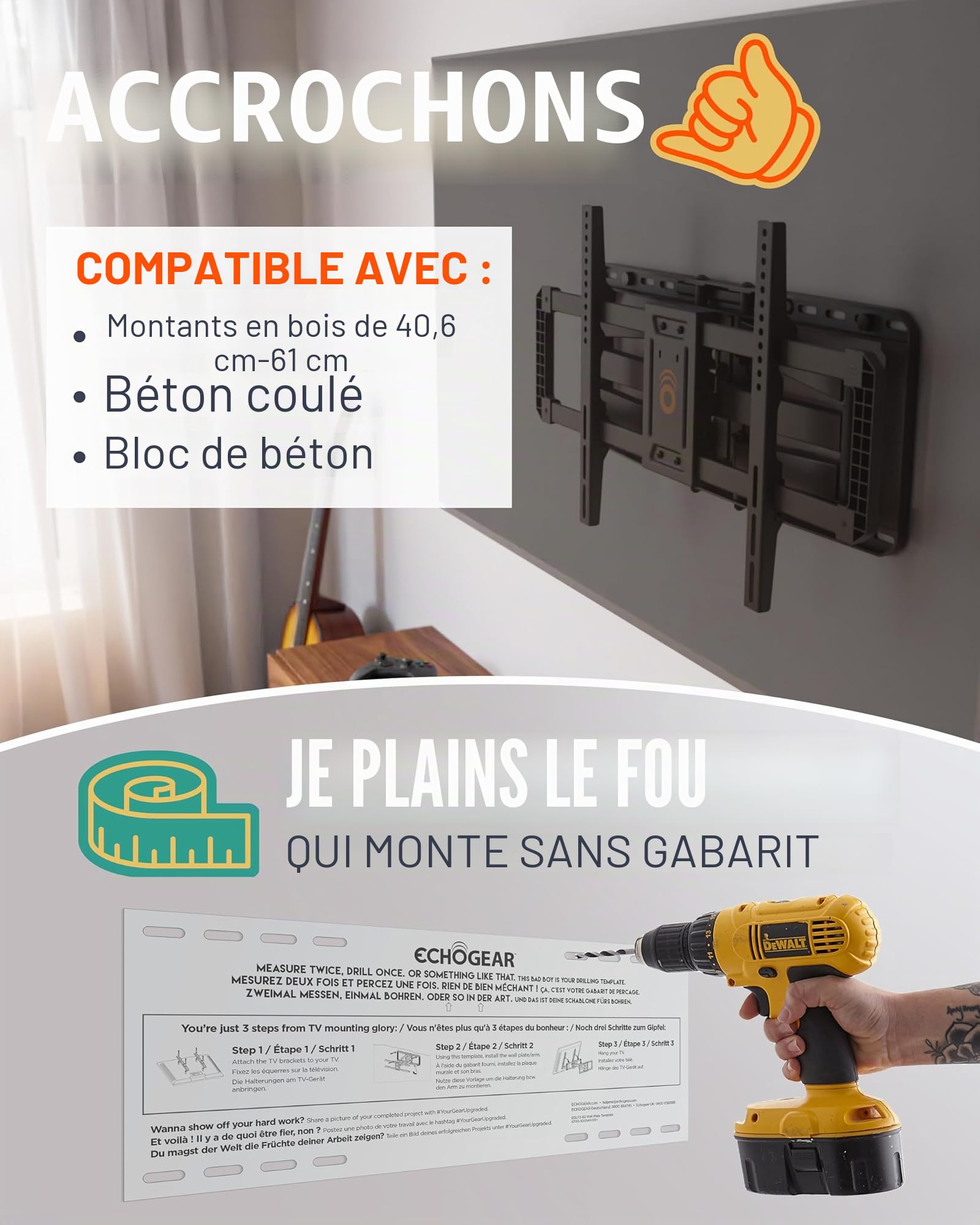 ECHOGEAR MaxMotion Support Mural pour Grands téléviseurs de 42 à 90 Pouces, pivotant, inclinable et Extensible, Design Universel Compatible avec Samsung, Vizio, matériel et gabarit de perçage Inclus