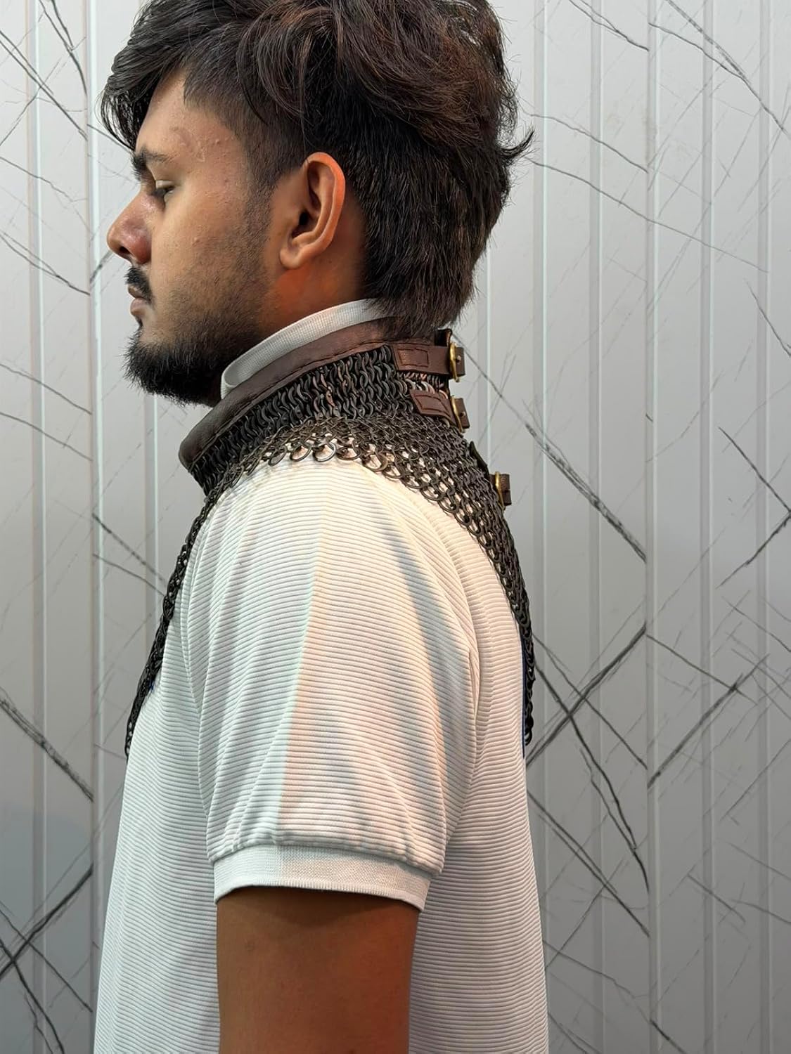RISHI Medieval Chainmail Gorget Collar with Leather Straps, Mild Steel