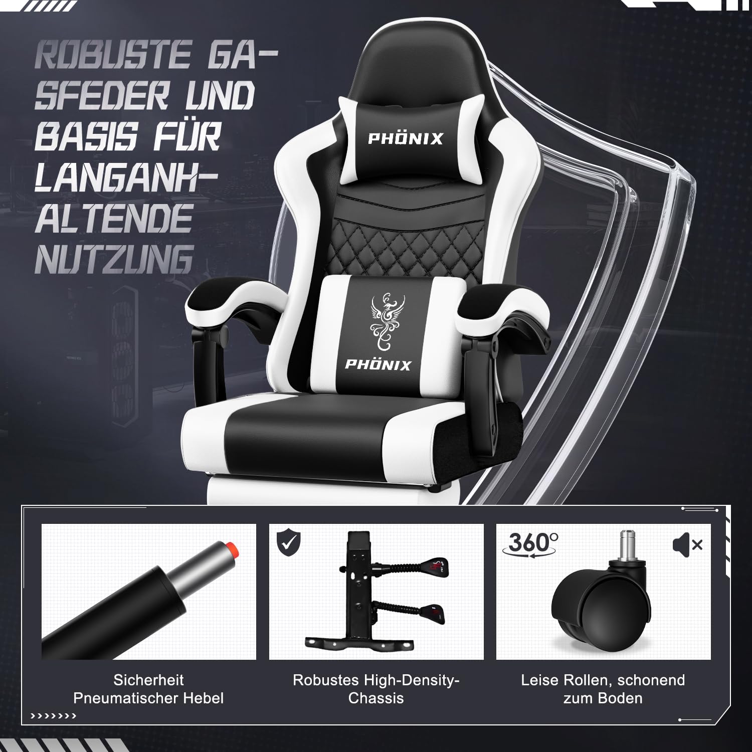 Gaming Stuhl, ergonomischer Gaming Sessel mit Fußstütze, Gamer Stuhl mit Lendenkissen & Kopfstütze, Gaming Chair mit neigbarer Rückenlehne, Bürostuhl & Gamingstuhl,150 kg, Weiß