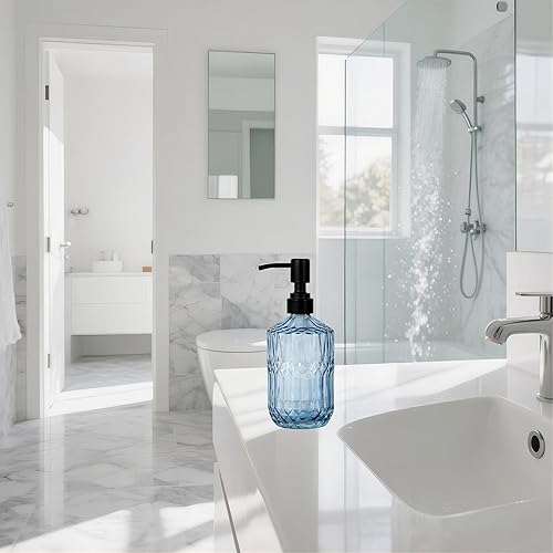 Miniatura 4 de Dispensador de jabón de vidrio azul de 18 onzas, dispensador de jabón de vidrio grueso para cocina y baño, dispensador de jabón de vidrio grueso con