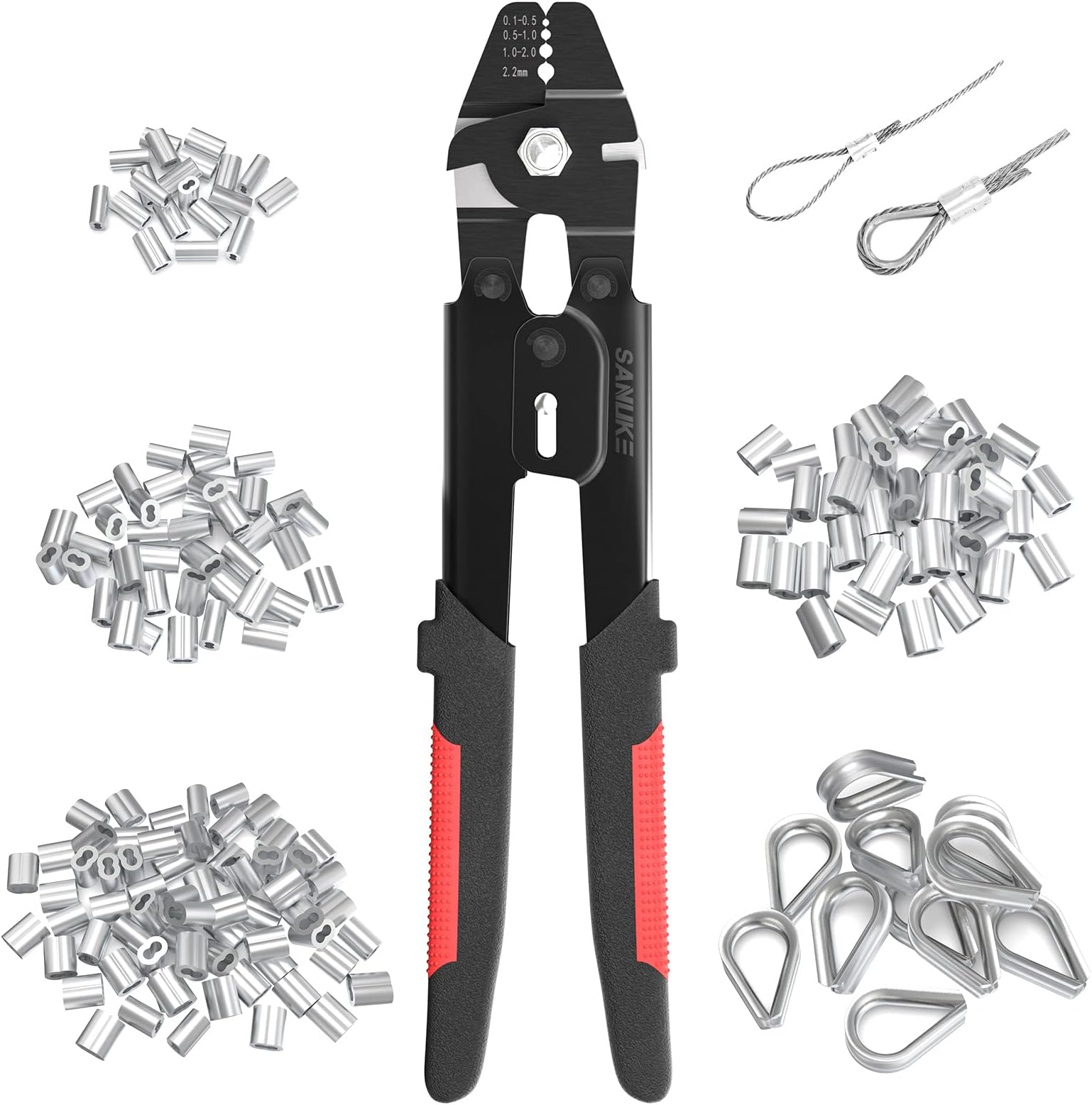 Sanuke Wire Rope Crimping Tool Kit for Aluminum Crimping Loop Sleeves up to 2.0mm, Swager Tool for 3/64 1/16 5/64 inch Stainless Steel Cable Crimper, with 140pcs Sleeves and 10pcs Thimbles