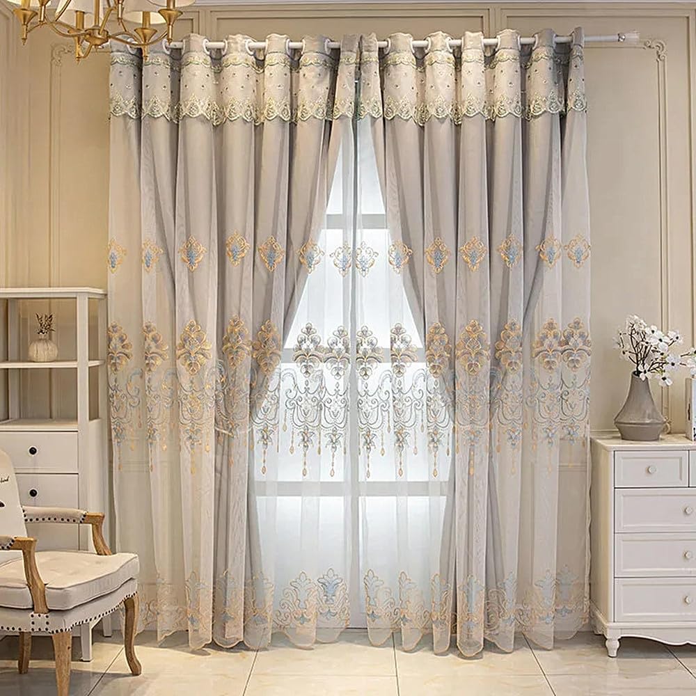 Amidoudou 1 Pair European Curtains with Valance Attached Double Layer Curtains for Living Room Bedroom (Grey,51x84 Inch) Grey 51"W x 84"L (Pack of 2)