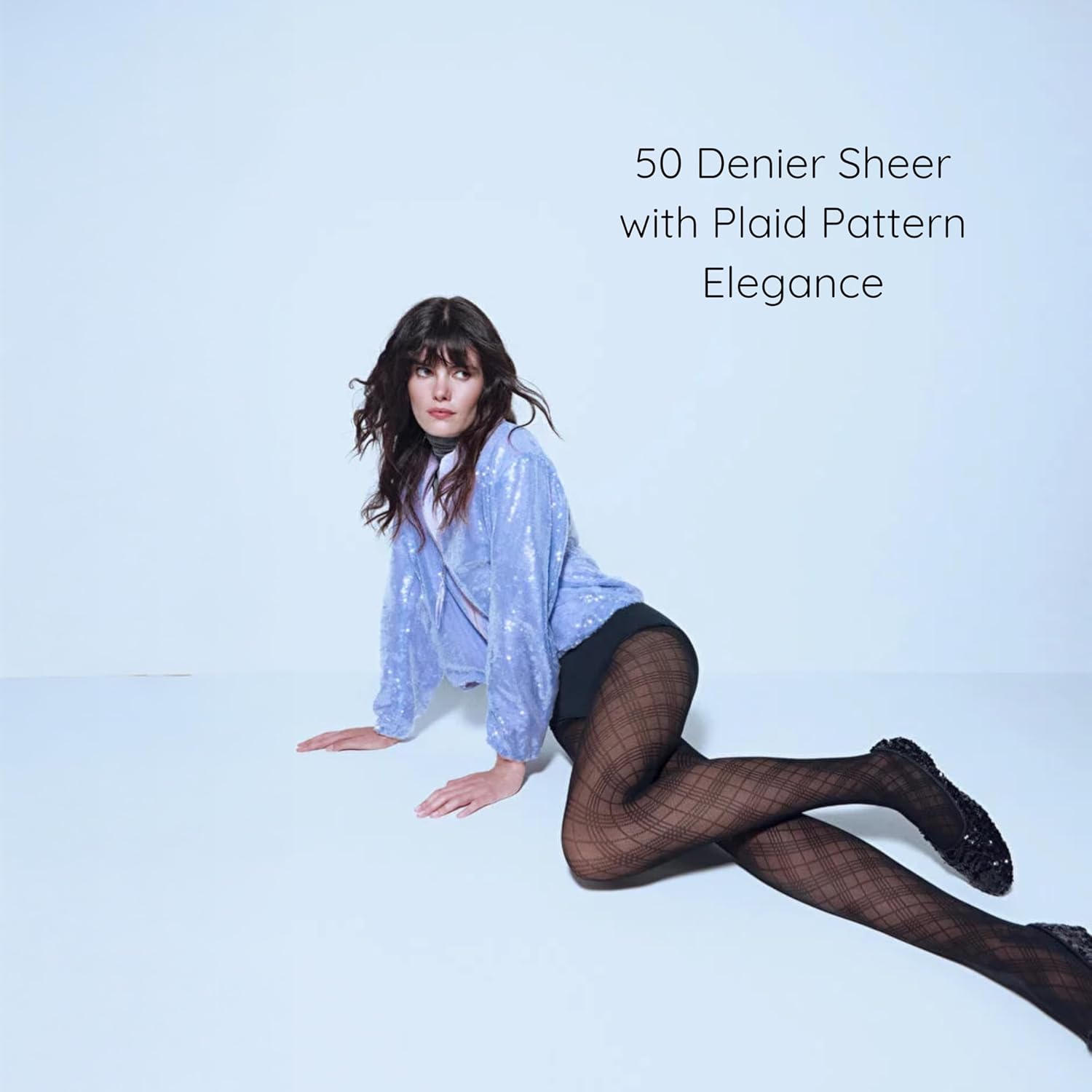 PENTI Plaid Checked Sheer Pantyhose Tights for Women | 50 Denier, Black, Sheer Toe | Stretch Waist Patterned Hosiery - Image 2