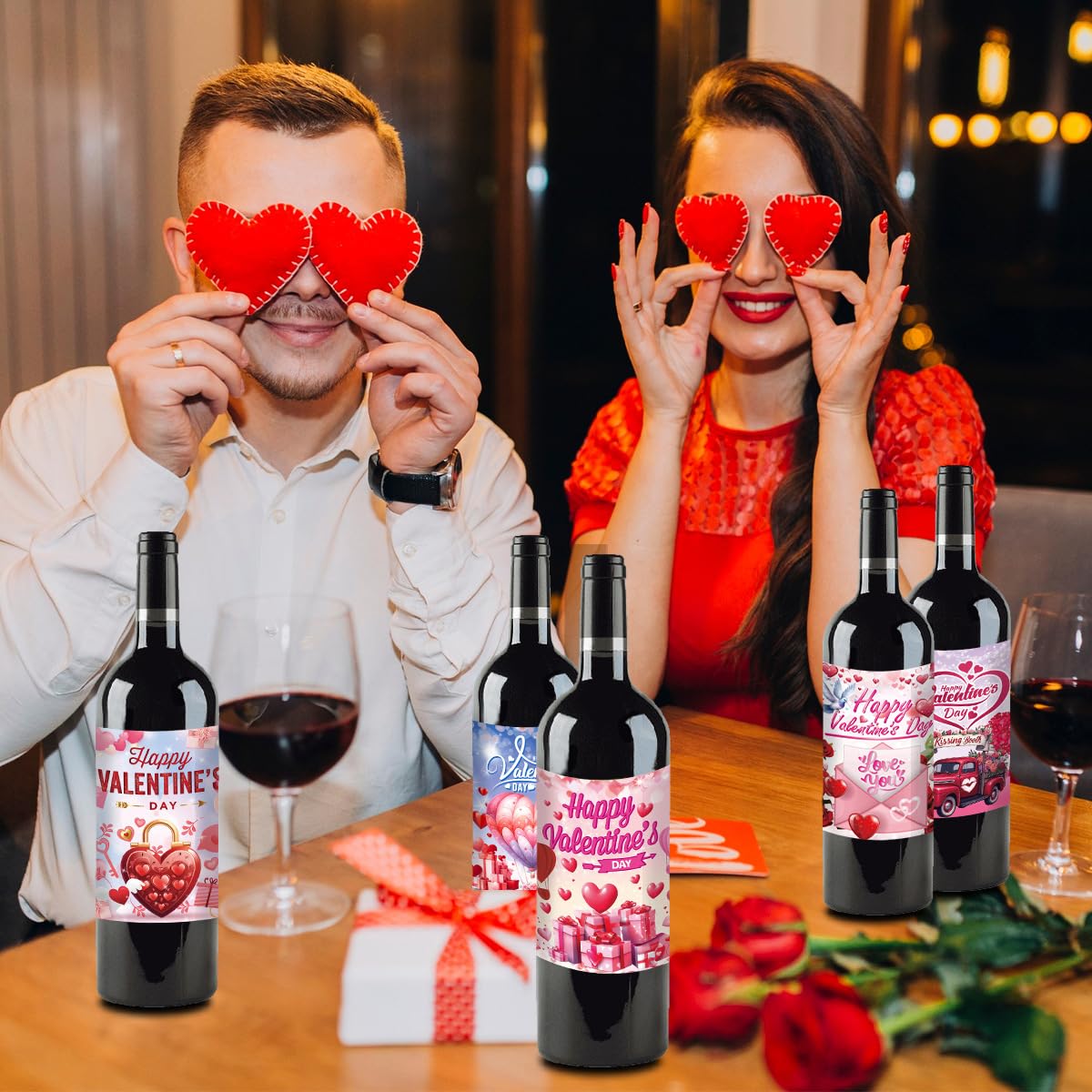 27 pcs Wine Bottle Labels Stickers for Valentines Day Decorations Champagne Bottle Labels for Valentine's Day Anniversary Engagement Party Wine Sticker