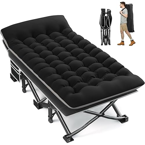 Portable Camping Cot, 32" Extra Wide Camping Cots for Adults with Thick Mattress, Heavy Duty Sleeping Cot Holds Up to 600LBS, Cots for Sleeping, Rv, Beach, Patio, Office Naps(Black)