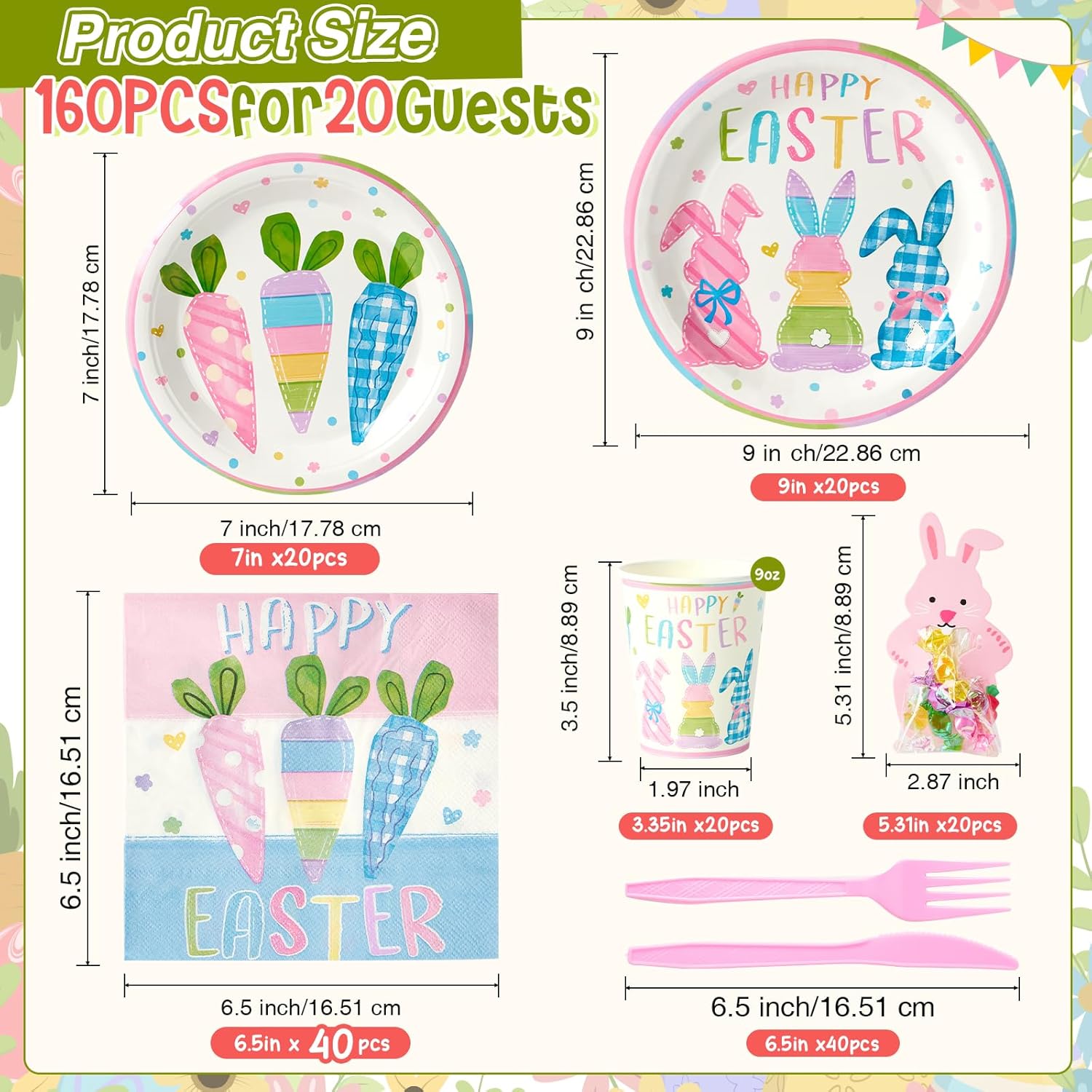 Mostop 160 Pcs Easter Tableware Set Party Supplies for 20 Guests Disposable Paper Plates, Cups, Napkins Forks Set Decorations for Easter Party Spring Holiday Picnics