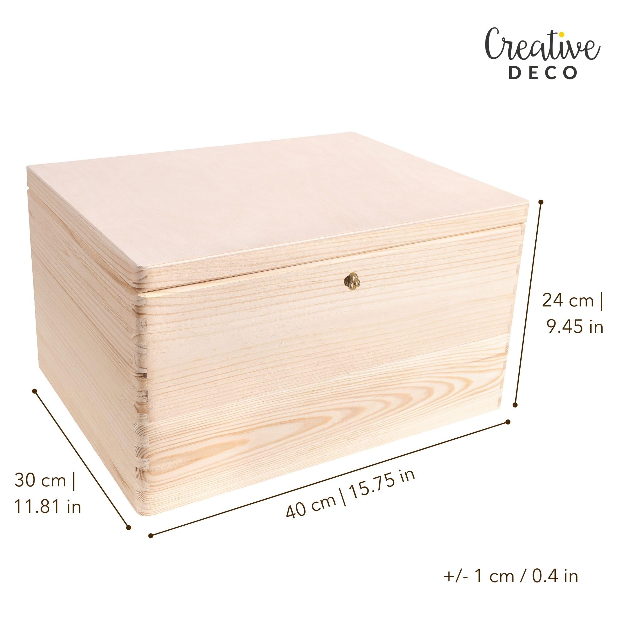 Creative Deco XXL Duże Drewniane Pudełko z Zamkiem i Pokrywą do Dekoracji | 40 x 30 x 24 cm (+/- 1 cm) | Bez Uchwytów | Skrzynia z Drewna na Wielkanoc, Dokumenty, Zabawki, Narzędzia