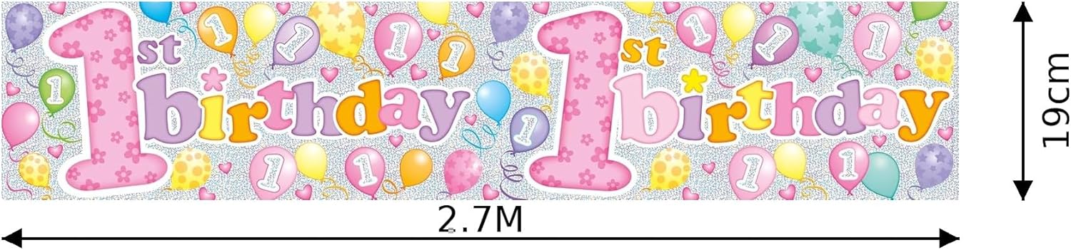 Happy 1st Birthday Party Banner Little Girl's Age 1 Party Decorations Garland Extra Wide Giant Party Supplies Banner Birthday Girl Pink Recyclable Eco Friendly Holographic Shiny Sparkly Party Banner