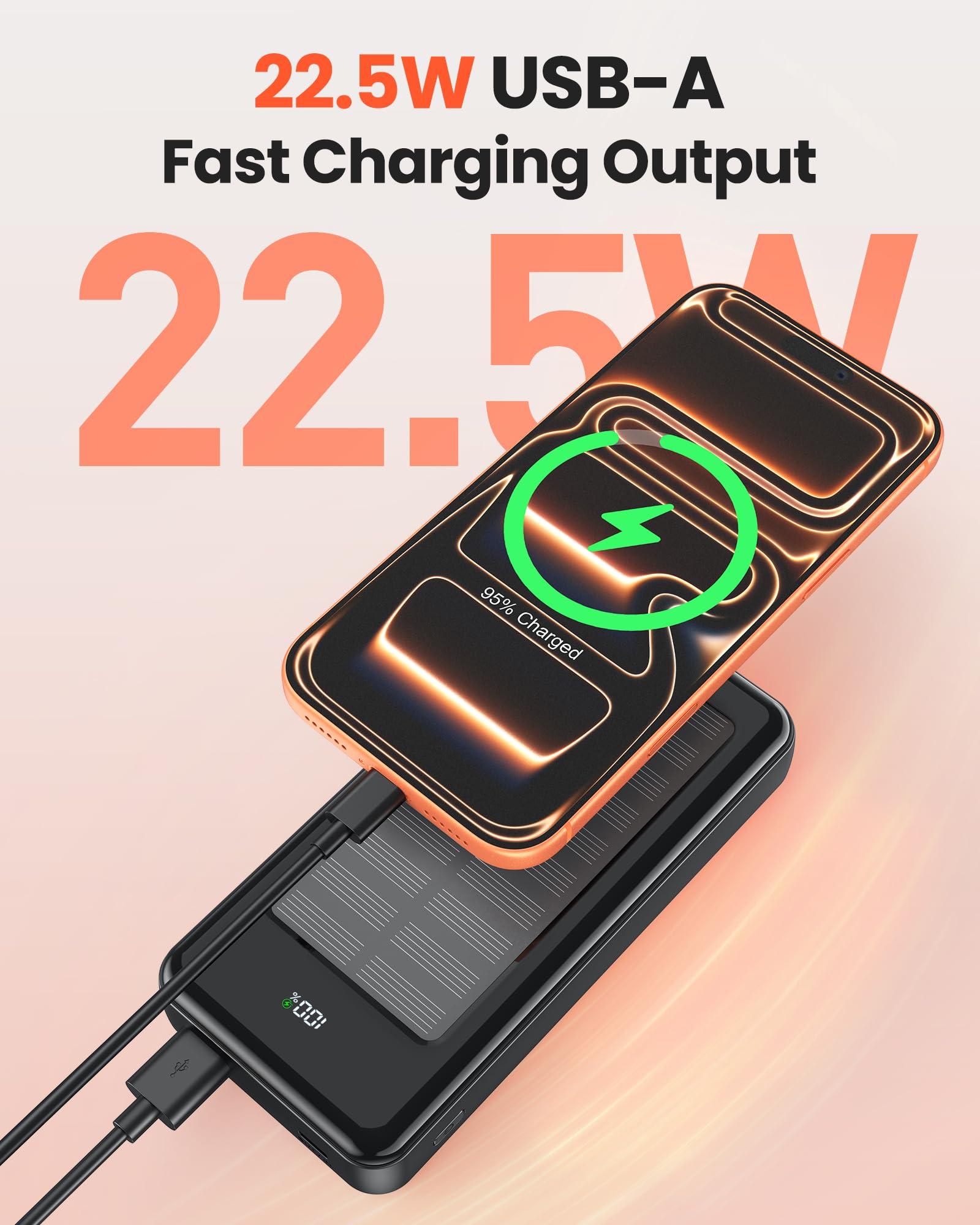 Solar Powerbank 27000mAh, Power Bank mit 2 Kabeln, 22,5W Schnelllade Powerbank Tragbares Ladegerät geeignet für Smartphones