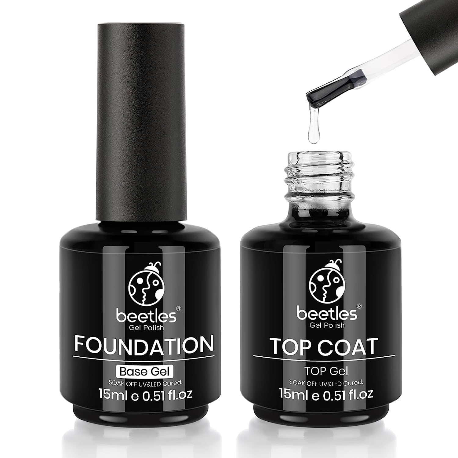 Beetles 2 Pcs 15ml No Wipe Gel Top Coat and Base Coat Set - Shine Finish and Long Lasting 12 Colors Gel Builder for Nails 8-in-1